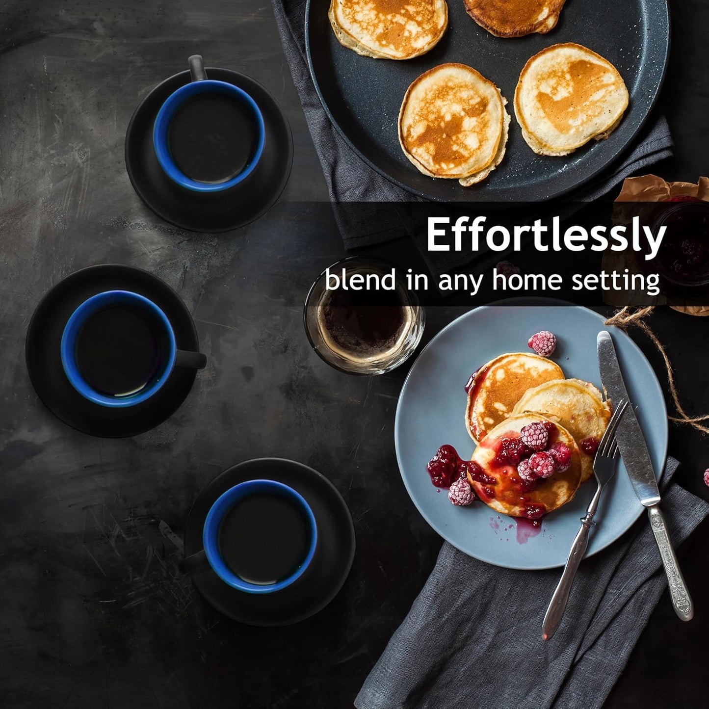 MIAMIO - 2.5 oz Espresso Cup Set with Saucers Coffee Mug Set of 6 - Ceramic Coffee Mug Stackable Espresso Mug with Stand for Coffee Drinks, Latte, Cafe Mocha - Le Papillon Collection (Blue)