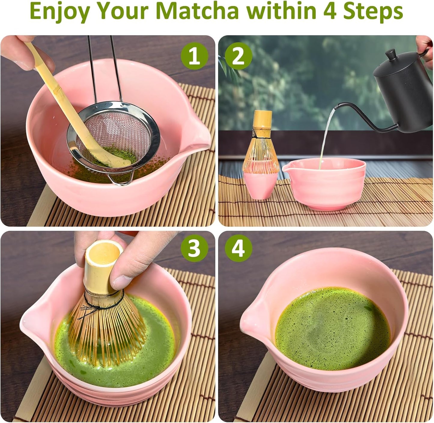 Matcha Set, 9 Pcs Japanese Matcha Whisk Set Matcha Tea Set for Traditional Tea Ceremony, Ceramic Matcha Kit for Matcha Drinks Matcha Set Whisk and Bowl Gift for Starters & Matcha Lover, Pink