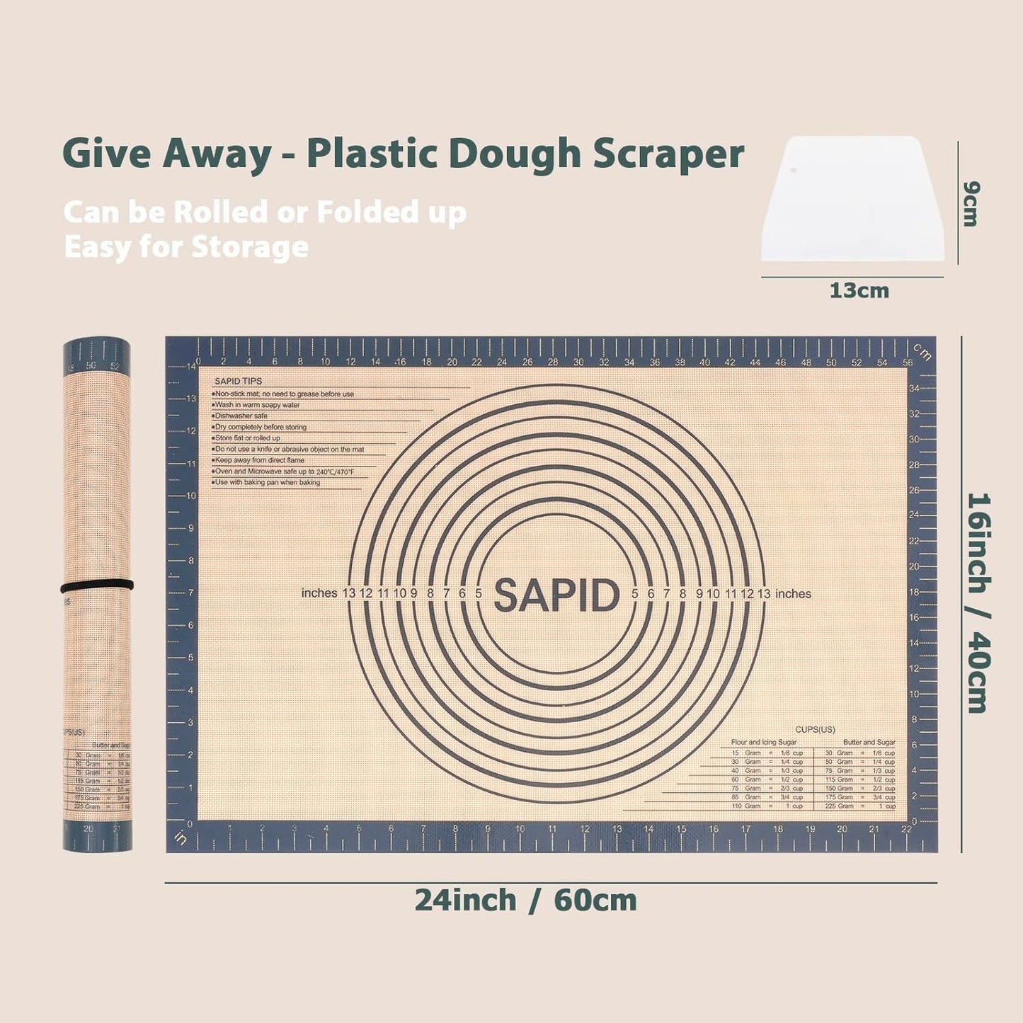 Non Slip Silicone Pastry Mat Large with Measurements for Non-stick Dough Rolling, Pie Crust, Pastry Roll Out, Cookies,Bread and Silicon Kneading Mat (16" x 24", Gray)