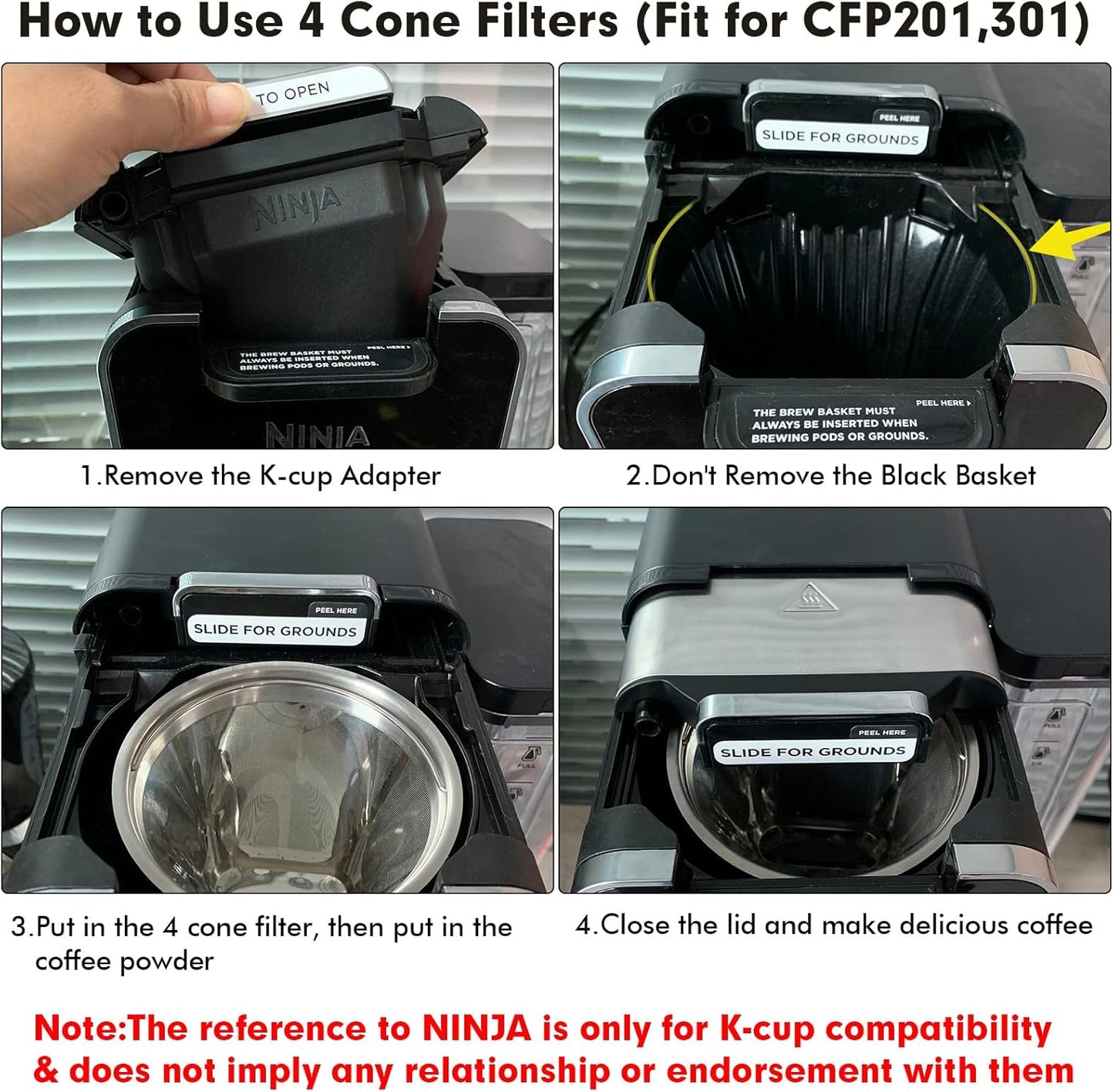 Stainless Steel Reusable Coffee Filter Compatible with Ninja Dual Brew Coffee Maker, Reusable Coffee Pods with 4 Cone Coffee Filters, Reusable k cups fit for Ninja CFP201 CFP301