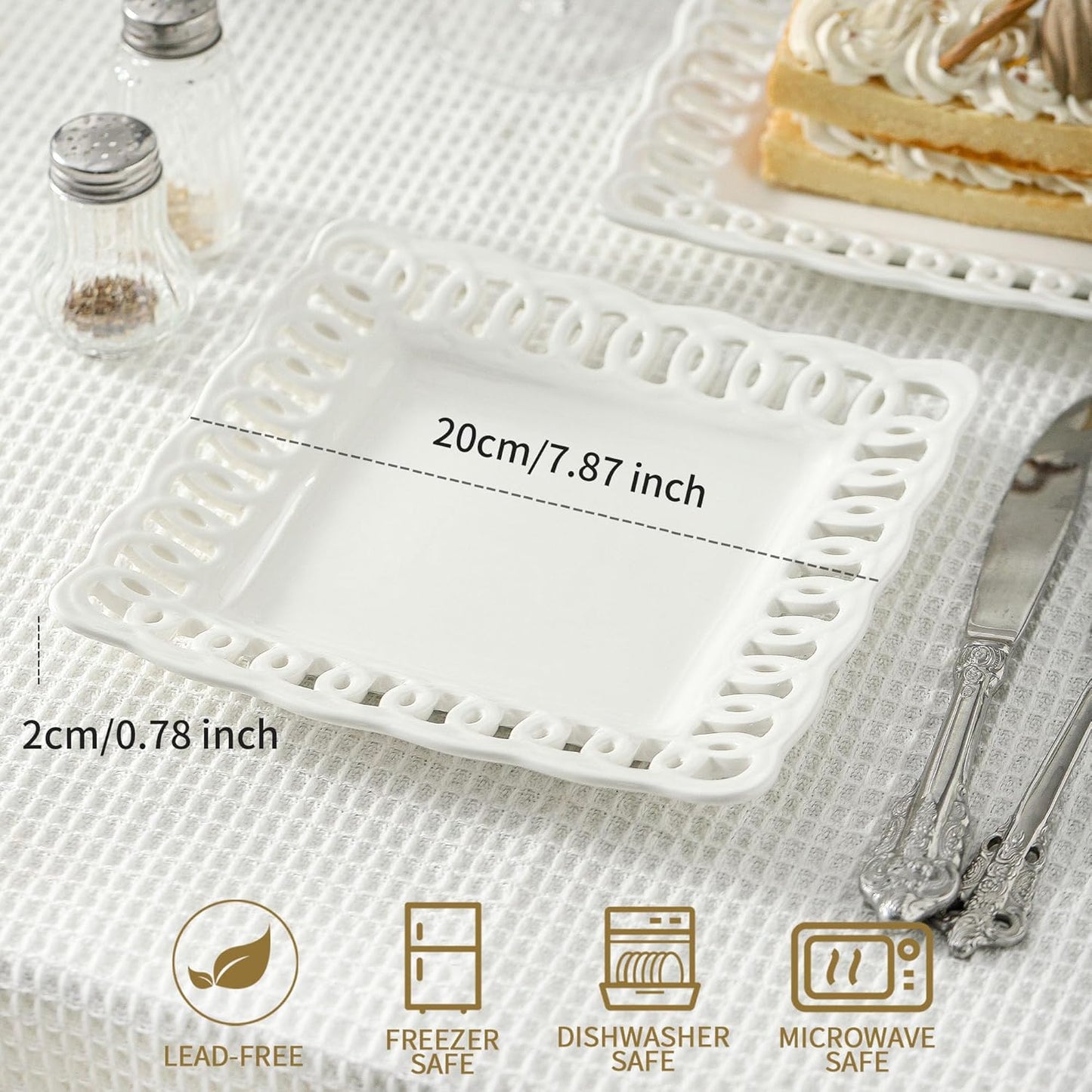 Square Appetizer Plate, Set of 4, 8 inch Ceramic White Dinner Plates with Lace Rim, Small for Cake Snacks Dessert Steak Bread Butter Canape Luncheon Side Dish at Home Hotel and Restaruant, Stackable