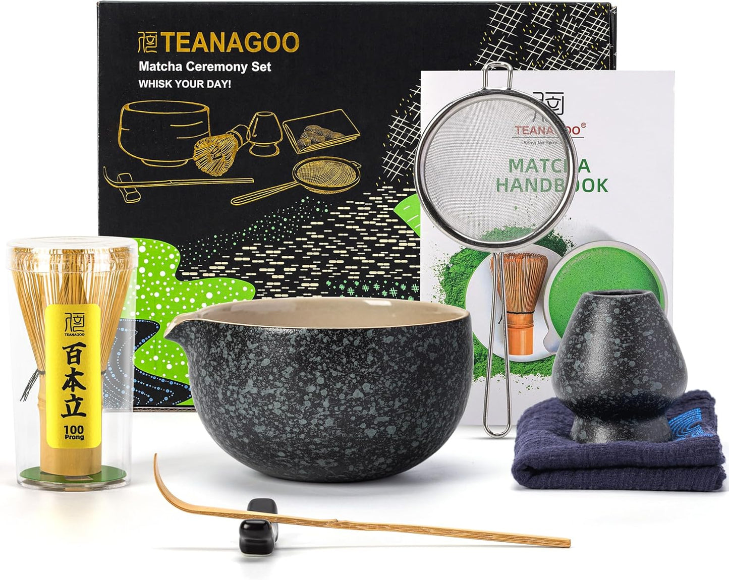 TEANAGOO Matcha Whisk Set Black,7 Pcs Matcha Set,Matcha Kit for Ceremony,Tradition Tea Set for Making Breakfast/Latte,Matcha Whisk Set with Bowl(Chawan)/Whisk and Holder,Gift for Family/Friend
