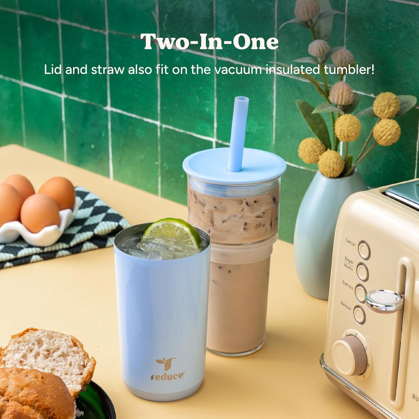 REDUCE Aspen 20 oz Vacuum Insulated Glass Tumbler with Lid & Extra Wide Straw - Keeps Drinks Cold for 12 Hrs - Ideal for Iced Coffee, Smoothies & Boba - Dishwasher Safe, Soft Base - Matcha