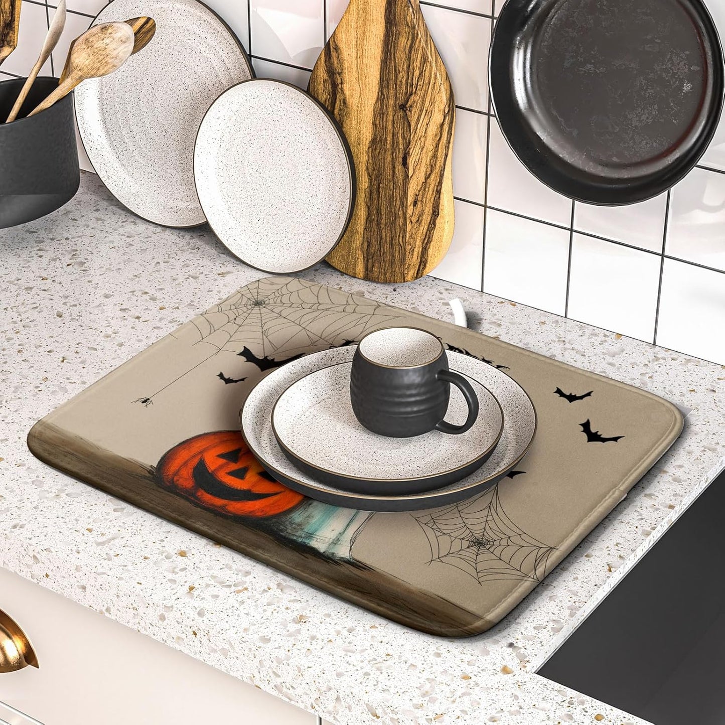 Happy Halloween Black Cat Ghost Dish Drying Mat for Kitchen Counter,Halloween Pumpkin Spiderweb Bat Drying Mat 16 x 18 Inch with High Absorbent Microfiber Drainer Mat for Coffee Bar