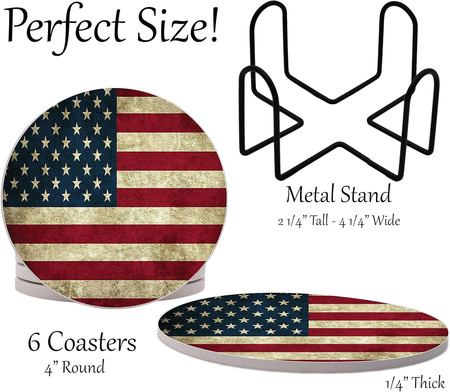 USA American Flag United States Round Coasters Set of 6 - Abosrbent Ceramic with Metal Stand for Drinks, Coffee, Non-Slip Cork Back for Tabletop Protection, 4 Inches (Rustic)