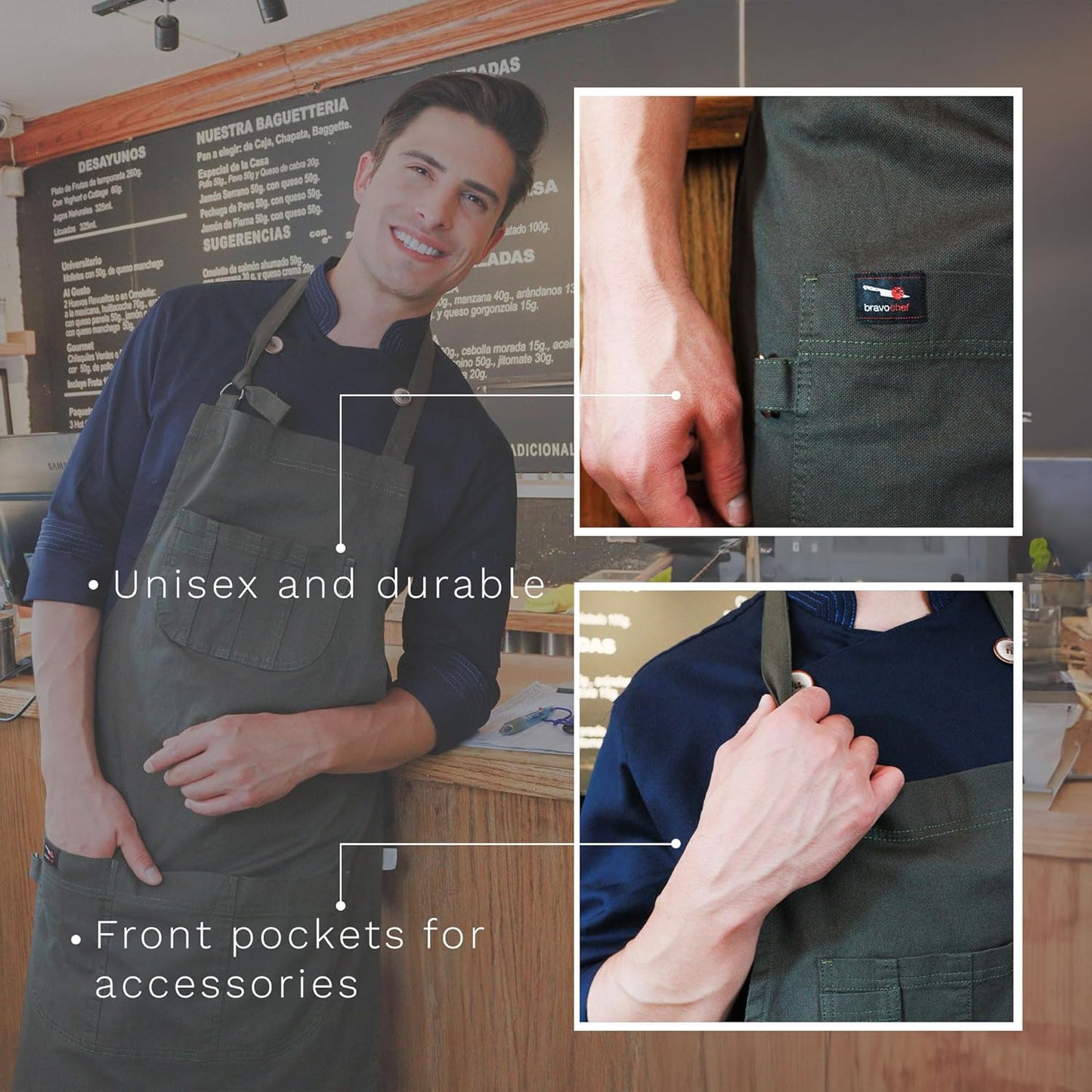 | Green Verona Gabardine Apron – Design for Men and women with neck adjuster, Anti-lint fabric with large pockets. For kitchen work, Chef.