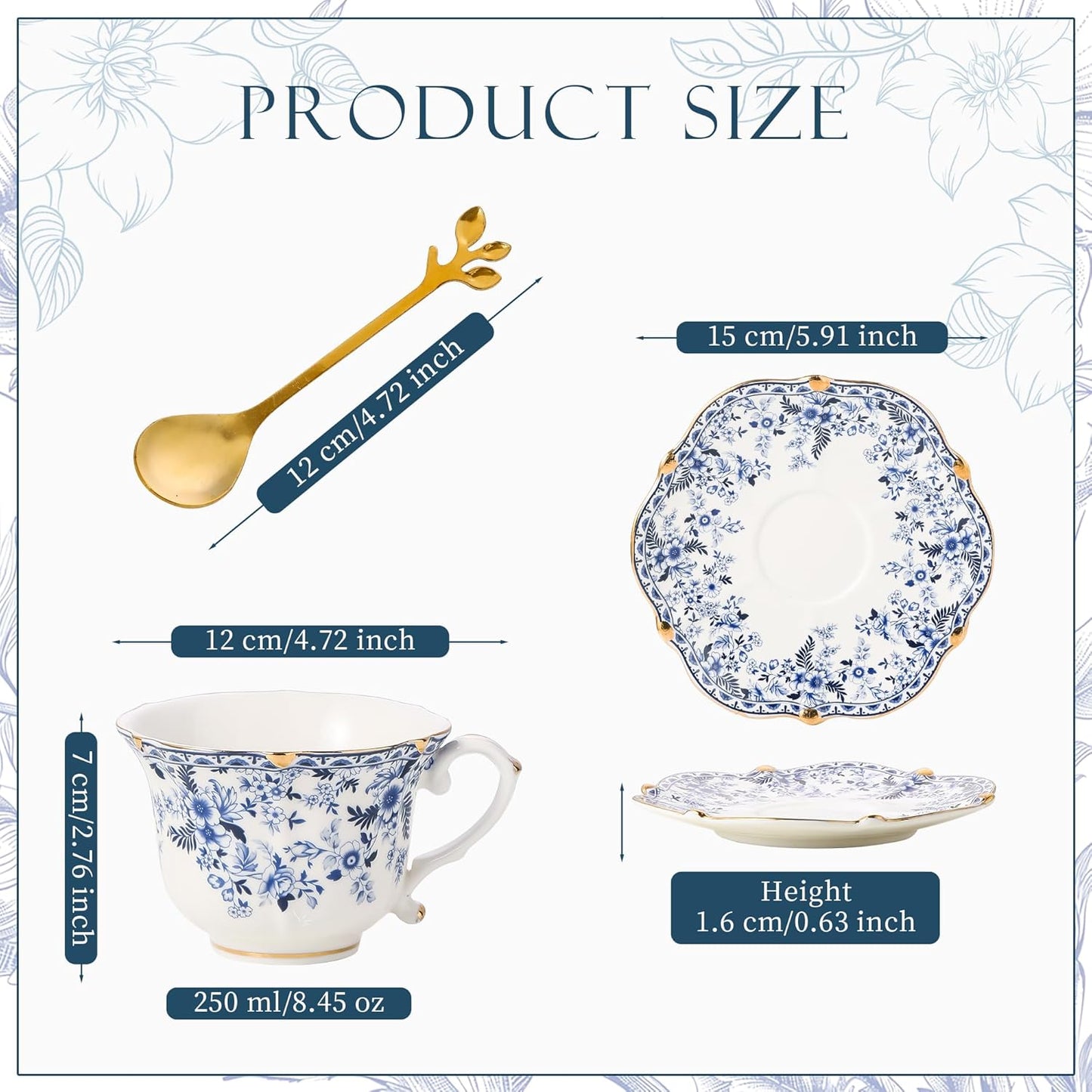 TATSUMI Country Roses 18 Peices Bone China Tea Cup And Saucer Set, English Vintage Tea Cups Of 6 For Women And Tea Party Sets