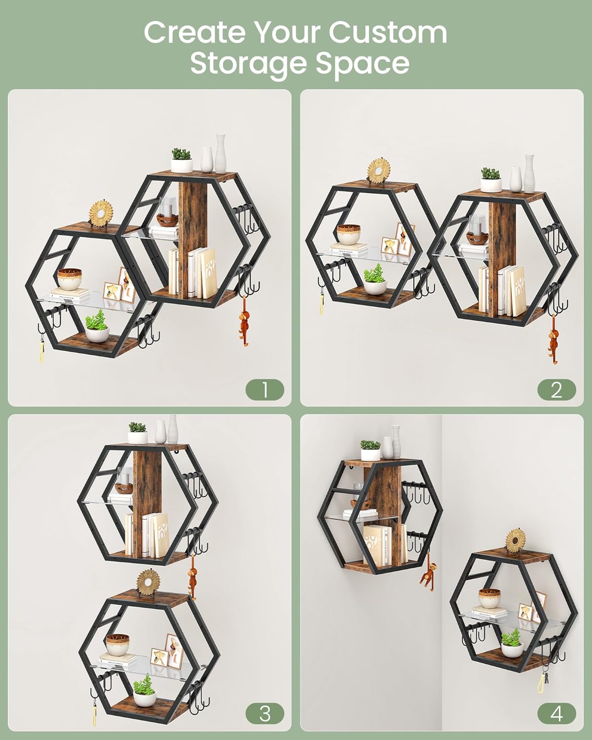 Hexagon Floating Shelves Set of 2, Glass Hanging Shelves for Wall Decor, Industrial Style Wall Storage Rack and 12 S-Hooks, for Living Room, Bedroom, Office, Game Center, Rustic Brown TBJ08BF