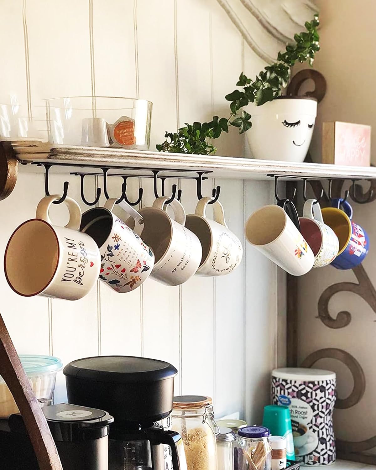 Mug Hanger Under Cabinet 3 Pcs Metal Coffee Hooks Wall Mounted Coffee Cup Rack Mug Storage Organizer for Kitchen Dining Bar - Black