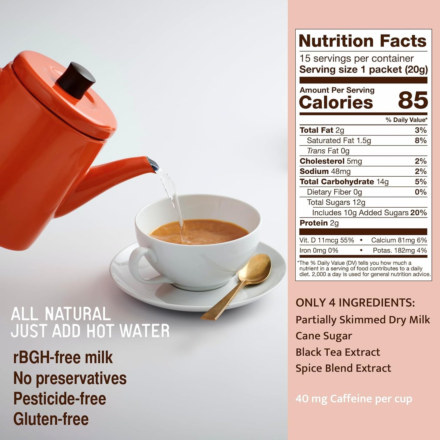 Jaipur Avenue Vanilla Chai Tea Mix Crafted with All-Natural Assam Black Tea, Vanilla, Cane Sugar, and Premium Dry Milk - Preservative-Free, Gluten-Free, Authentic Indian Chai Tea Latte (15 Servings)