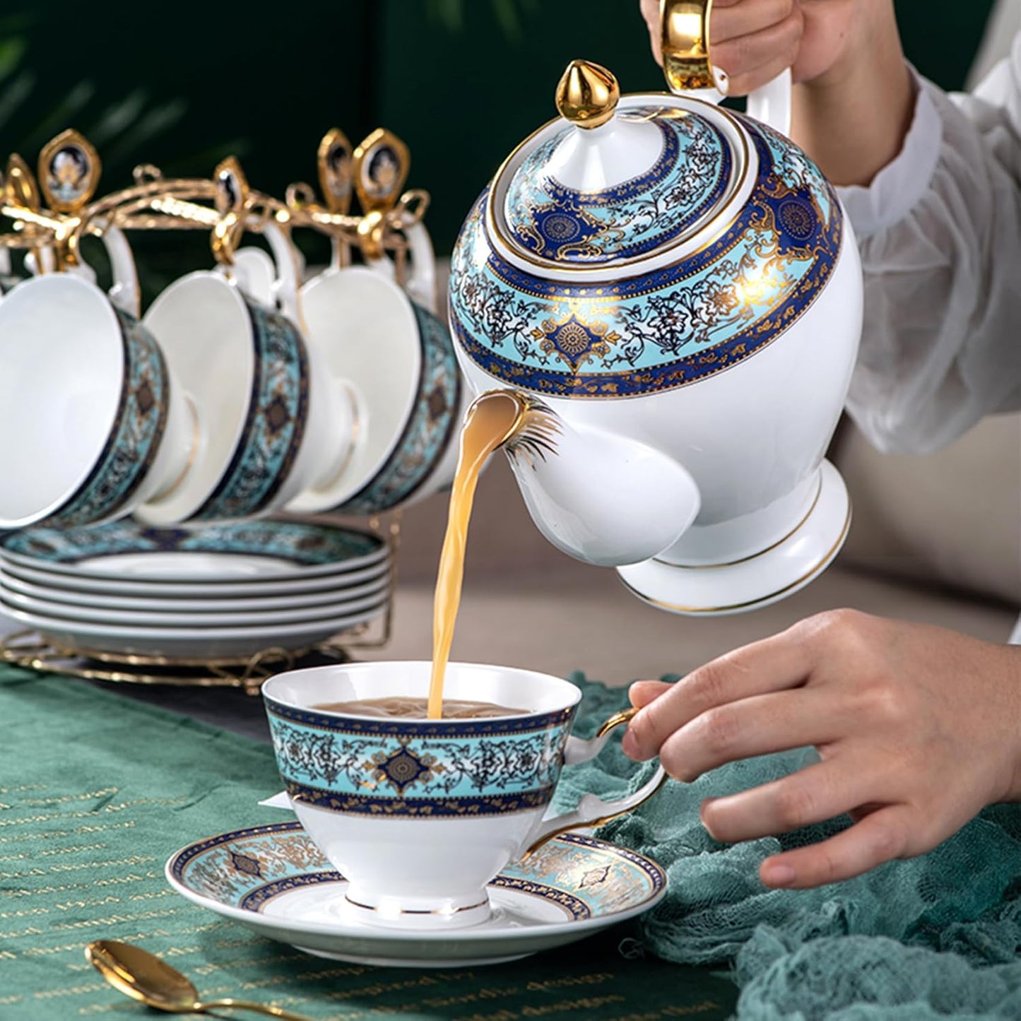 Euro Style Bone China Tea Set, 21 Piece Porcelain Tea Sets for 6 Adults, Bone China Tea Cup Set, Creamer Pitcher, Tea Set for Women Tea Party Set, Gift Package (21, Court)