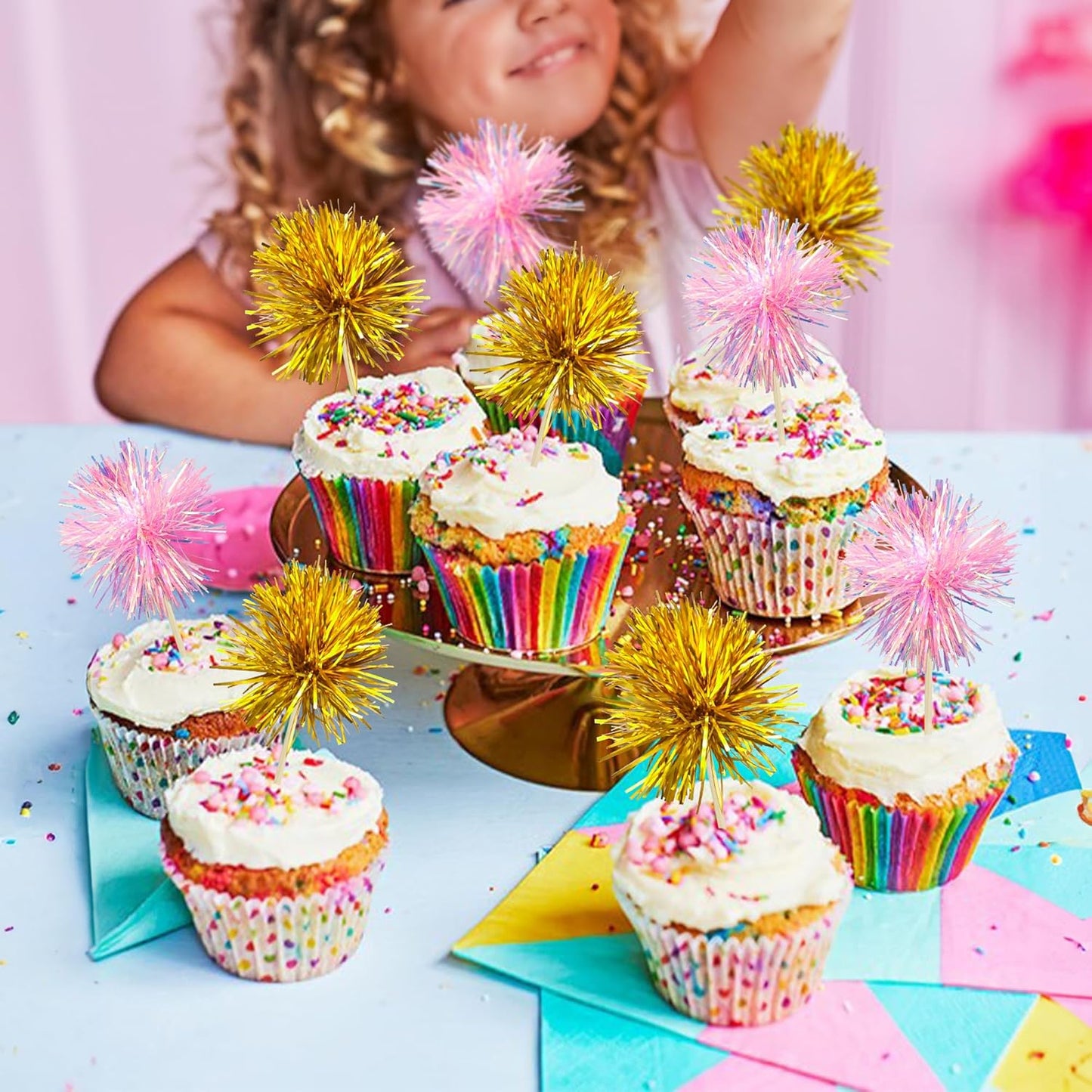 Gyufise 30Pcs Foil Firework Cupcake Toppers Sparkle Tinsel Cake Toppers Tinsel Drink Cake Decoration Cocktail Picks for Birthday Wedding Graduation Party Supplies Gold Pink