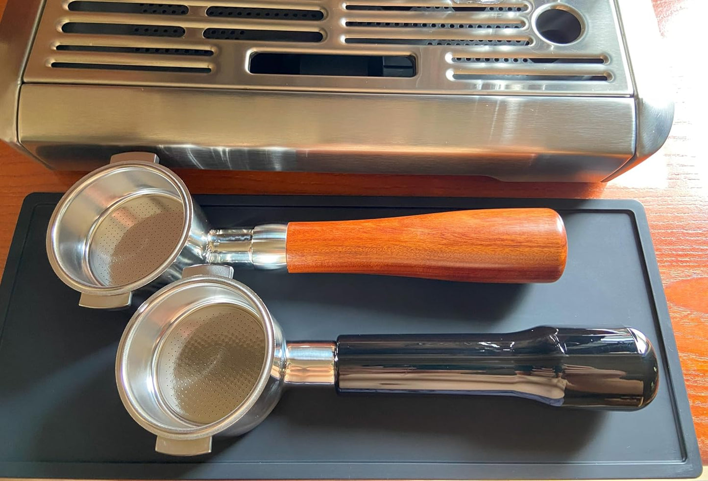 51mm Bottomless Portafilter Compatible with DeLonghi Espresso Machine Stainless Steel 51mm Portafilter 2 Ear for ECP3420/ECP3630/ECP3120/EC260BK/EC265/EC155/EC702/BCO430 Handle-RoseWooden