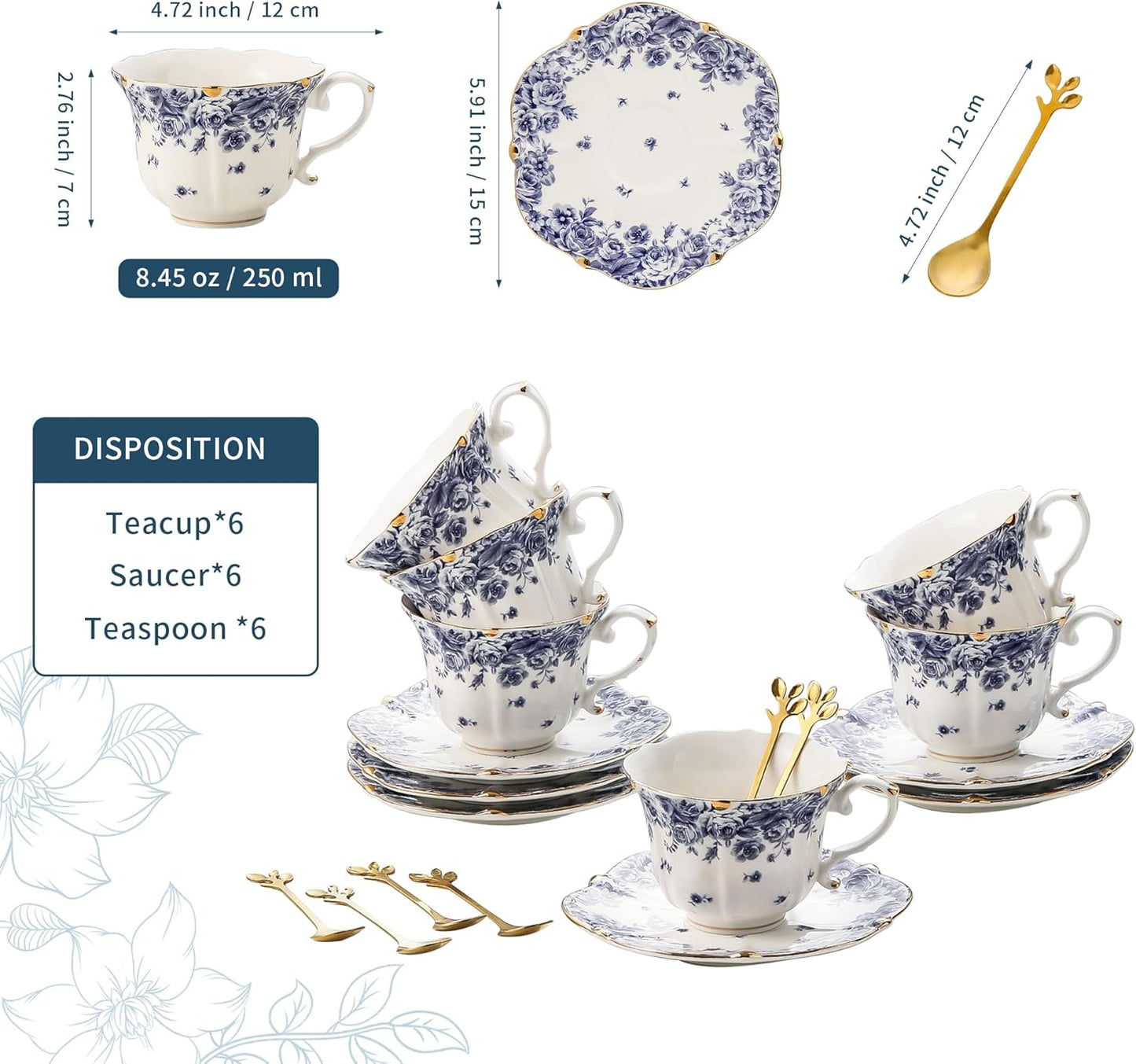 TATSUMI Country Roses Bone China Tea Cup and Saucer Set, 6 Pieces, Vintage Style, For Women and Tea Parties（sky blue，6 sets）