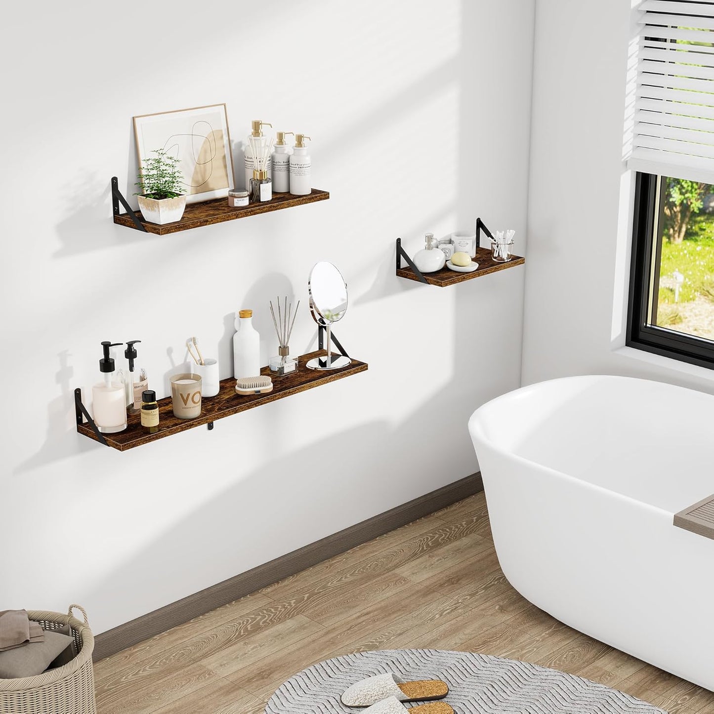 Dreamland Dark Brown Floating Shelves, 24W x 8D Wall Mounted Shelves Set of 2, Wide Display Ledge Shelf with Sturdy Metal Brackets for Living Room, Bathroom, Bedroom and Kitchen