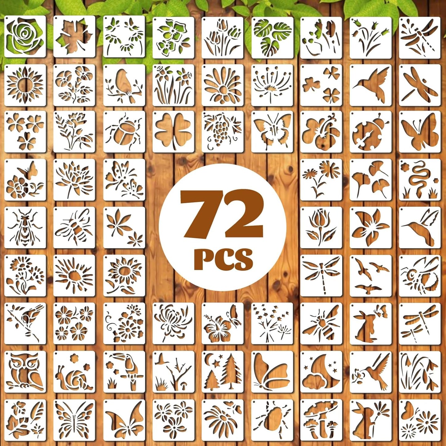72 Pcs Botanical Stencils Set, Reusable Butterfly & Flower Painting Templates - Leaf, Dragonfly, Wildflower Nature Crafts Kit for Wall Murals, Fabric Art, Wood Signs, Kids Classroom Projects