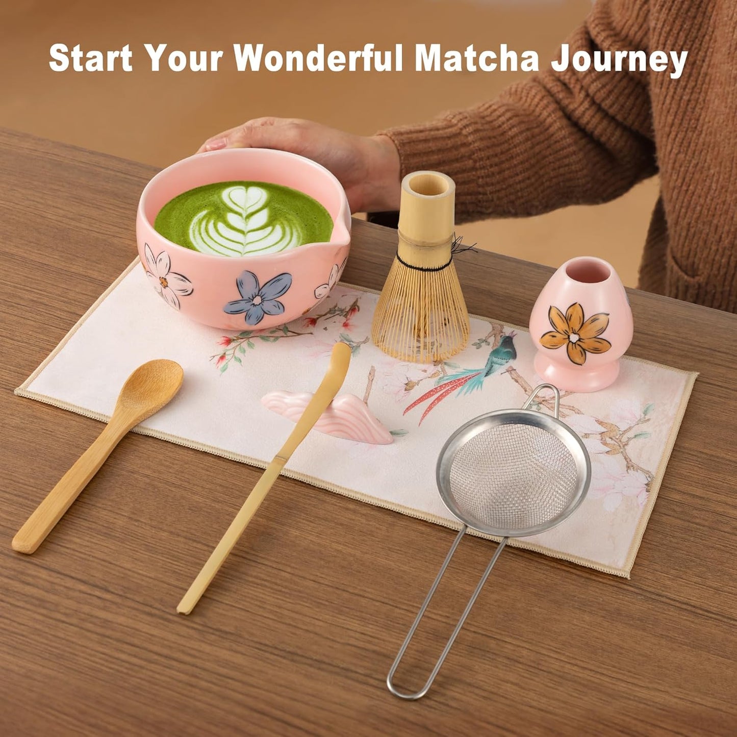 Matcha Whisk Set Pink,8pcs Matcha Set Whisk And Bowl,Matcha Kit With Bamboo Whisks,Ceramic Matcha Bowl,Sifter,Scoop,Holder,Towel,Stand,Spoon,Unique Gift for Japanese Tea Lover