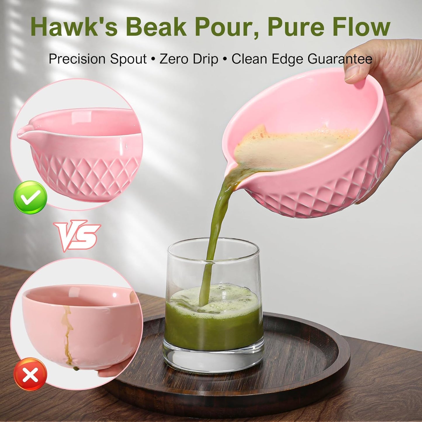 Matcha Whisk Set, 7 Pcs Matcha Kit, Ceramic Matcha Set Includes Matcha Bowl with Spout, Matcha Whisk and Holder, Bamboo Scoop, Scoop Rest, Sifter and Tea Towel (Cherry Blossom Pink)