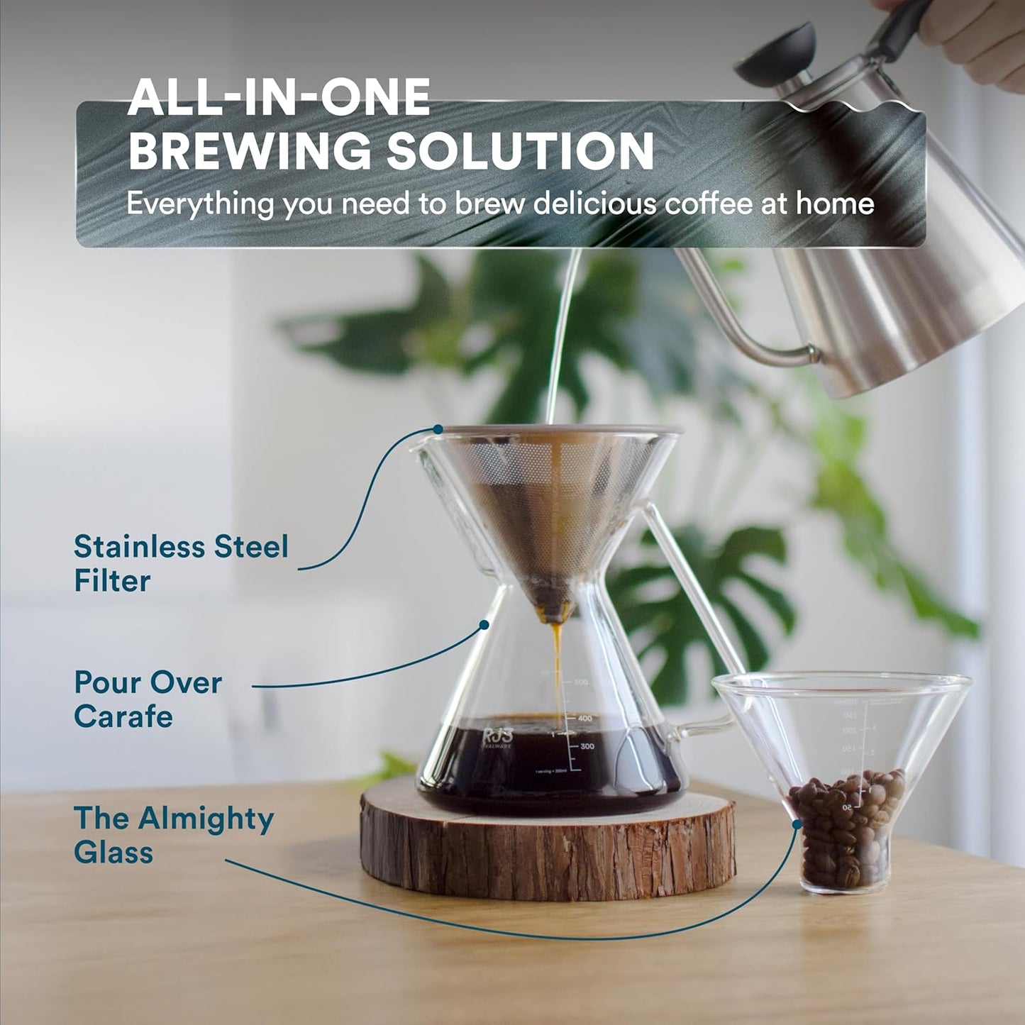 ovalware Pour Over Coffee Maker Set | 17oz / 0.5L Borosilicate Carafe with 304 Stainless Steel Filter and Precision Measuring Cup | Glass Coffee Dripper for Home Brewing