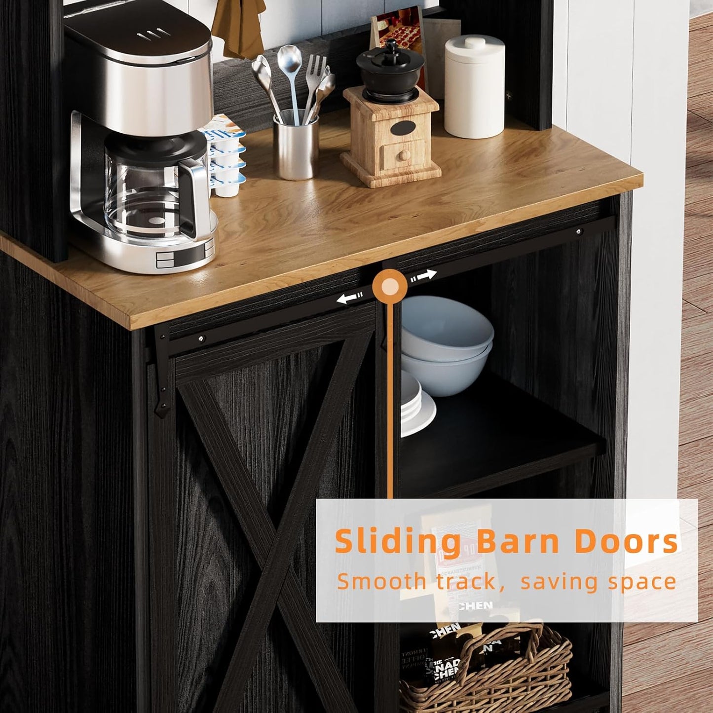 Farmhouse Coffee Bar with 3 Tier Storage Hutch, 56 Inch Small Bar Station with 6 Hooks, Corner Table with Adjustable Shelves for Living Dining Room (Black)