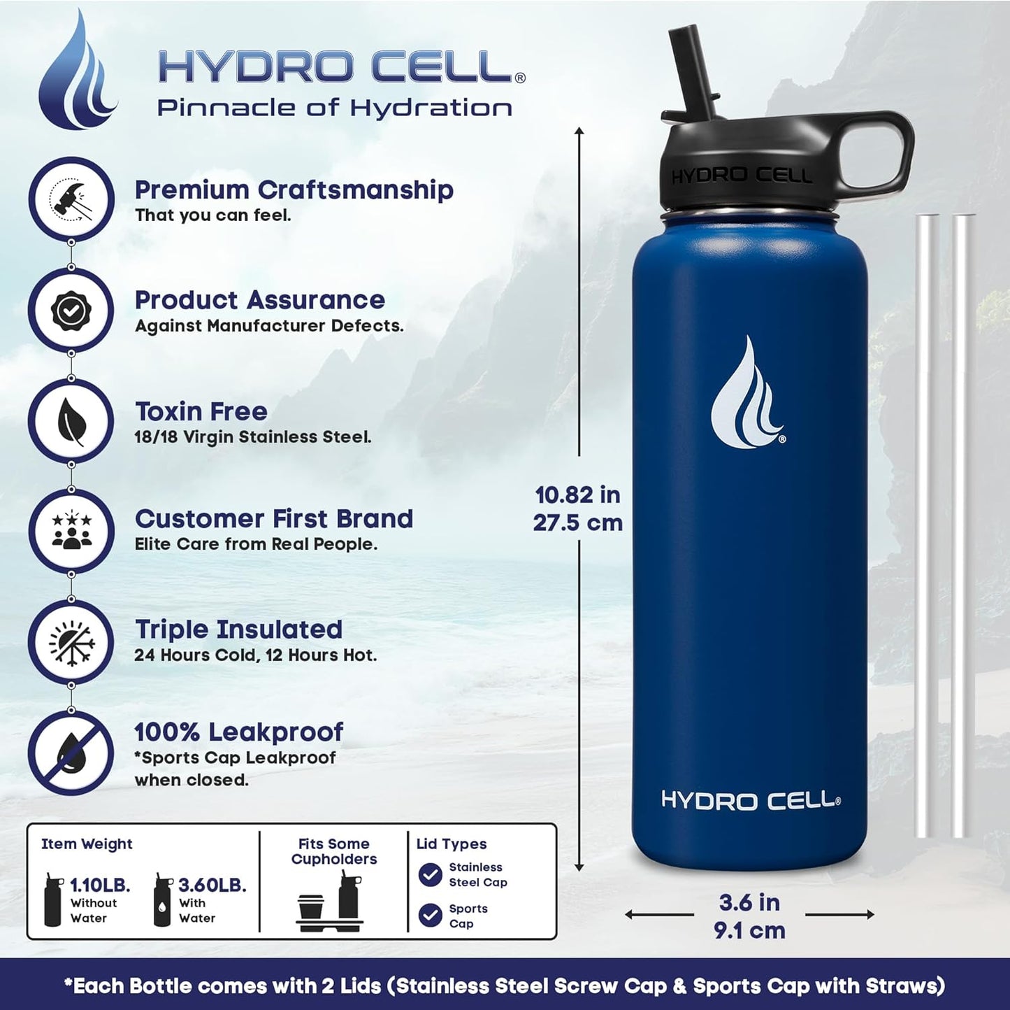 HYDRO CELL Stainless Steel Insulated Water Bottle with Straw - For Cold & Hot Drinks - Metal Vacuum Flask with Screw Cap and Modern Leakproof Sport Thermos for Adults (Navy 40oz)
