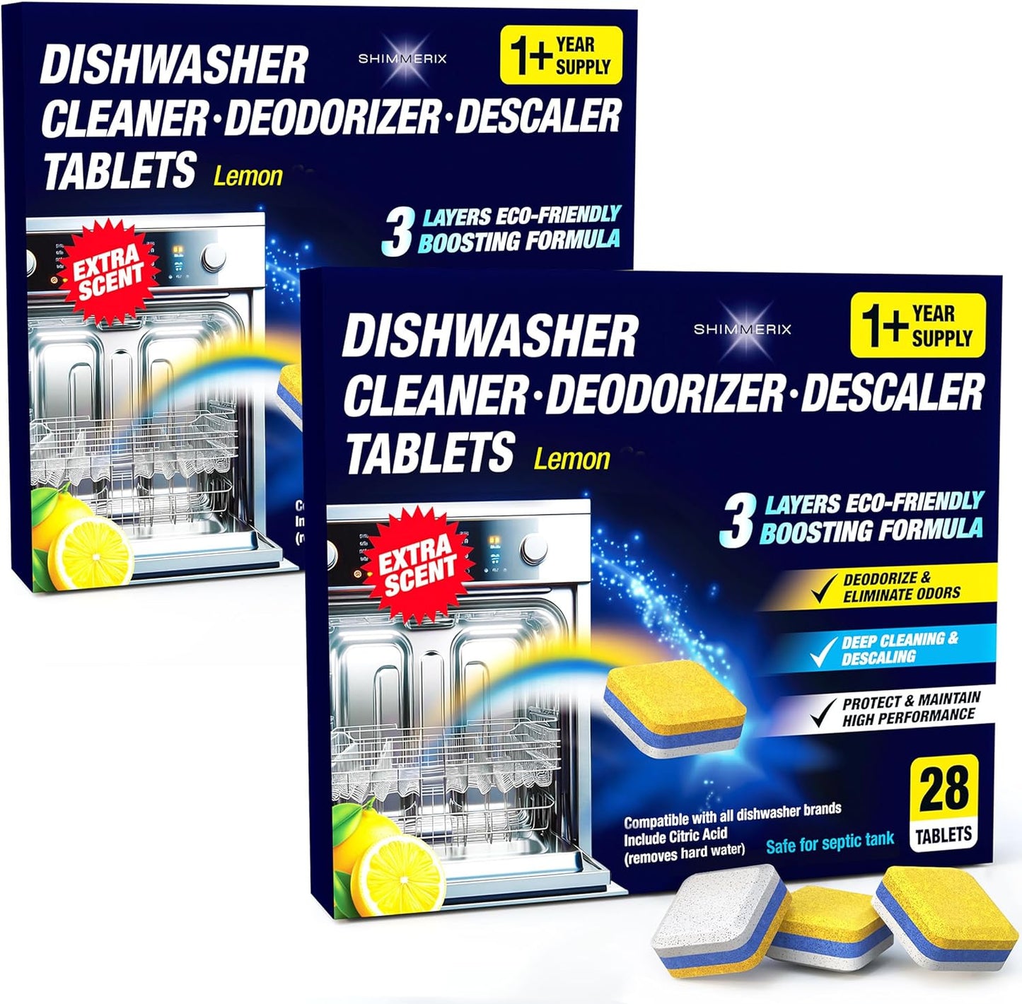 Dishwasher Cleaner Deodorizer Descaler Tablets - 56 Tabs - 1 Plus Year Supply - Extra Scented Deep Cleaning Sanitizer Pods - Remove Hard Water - Contain Citric Acid Heavy Duty Septic Safe - Lemon