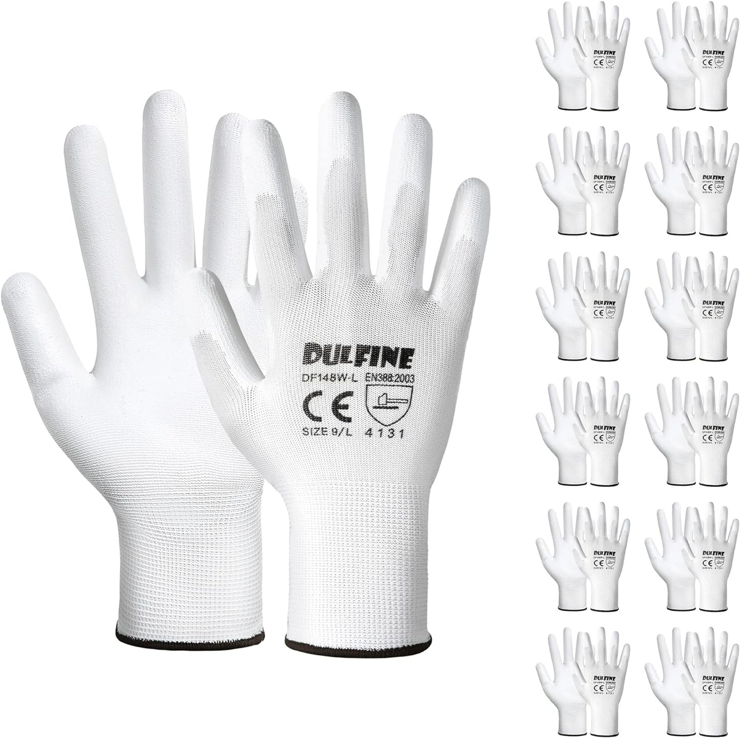 Safety Work Gloves PU Coated-12 Pairs,White Seamless Knit Glove with Polyurethane Coated Smooth Grip on Palm & Fingers, for Men and Women, Ideal for General Duty Work (X-Large)