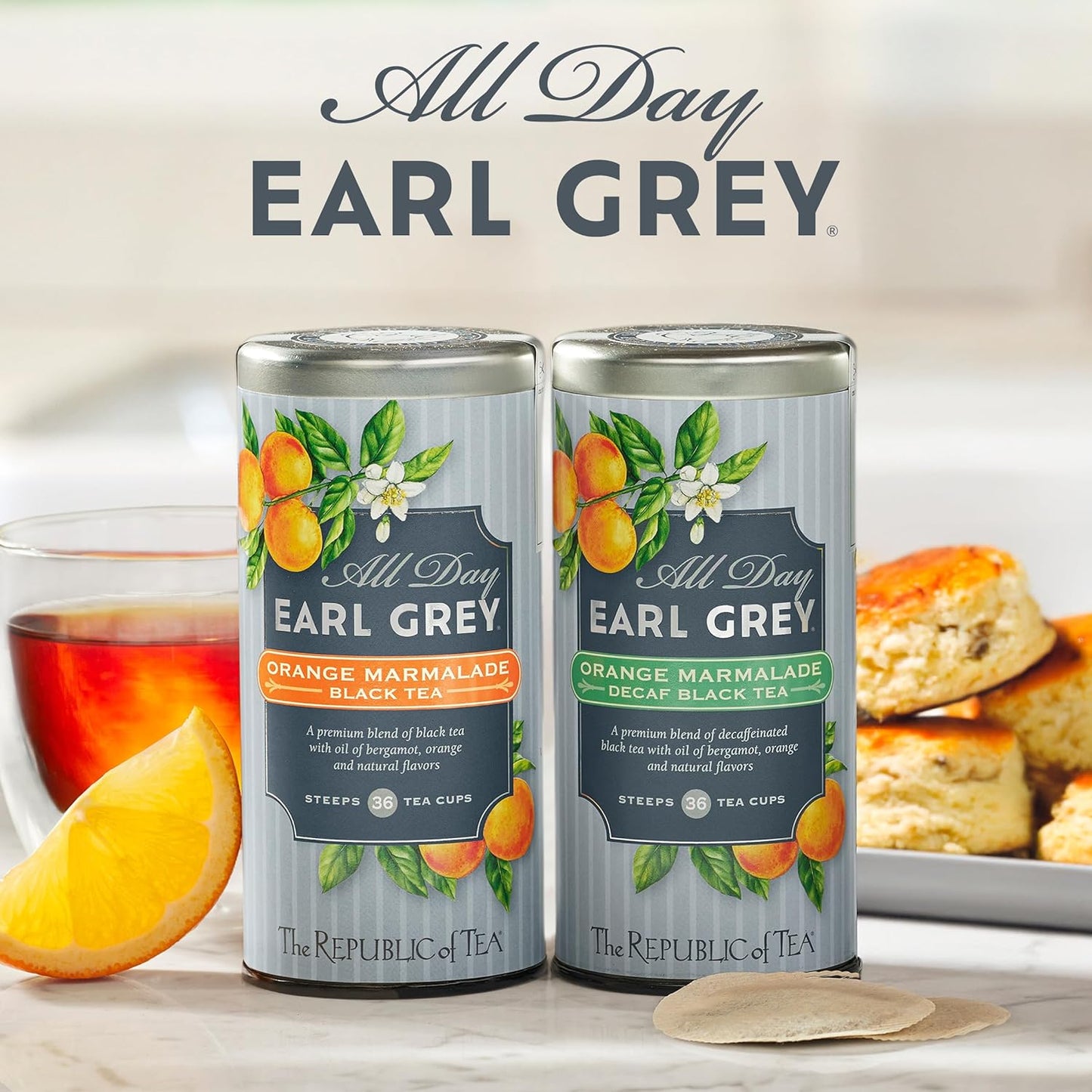 The Republic of Tea – All Day Earl Grey Orange Marmalade Decaf Black Tea, Naturally decaffeinated, 36 Tea Bags