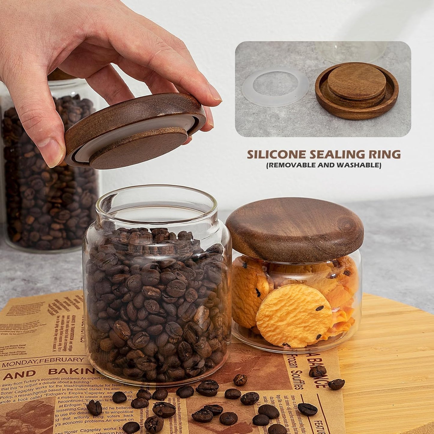 1 PC Small Glass Storage Jars with Airtight Lids, 14 FL OZ (420ml) coffee container with Wooden Lid, Glass Pantry Canister for Beans, Rice, Sugar and etc