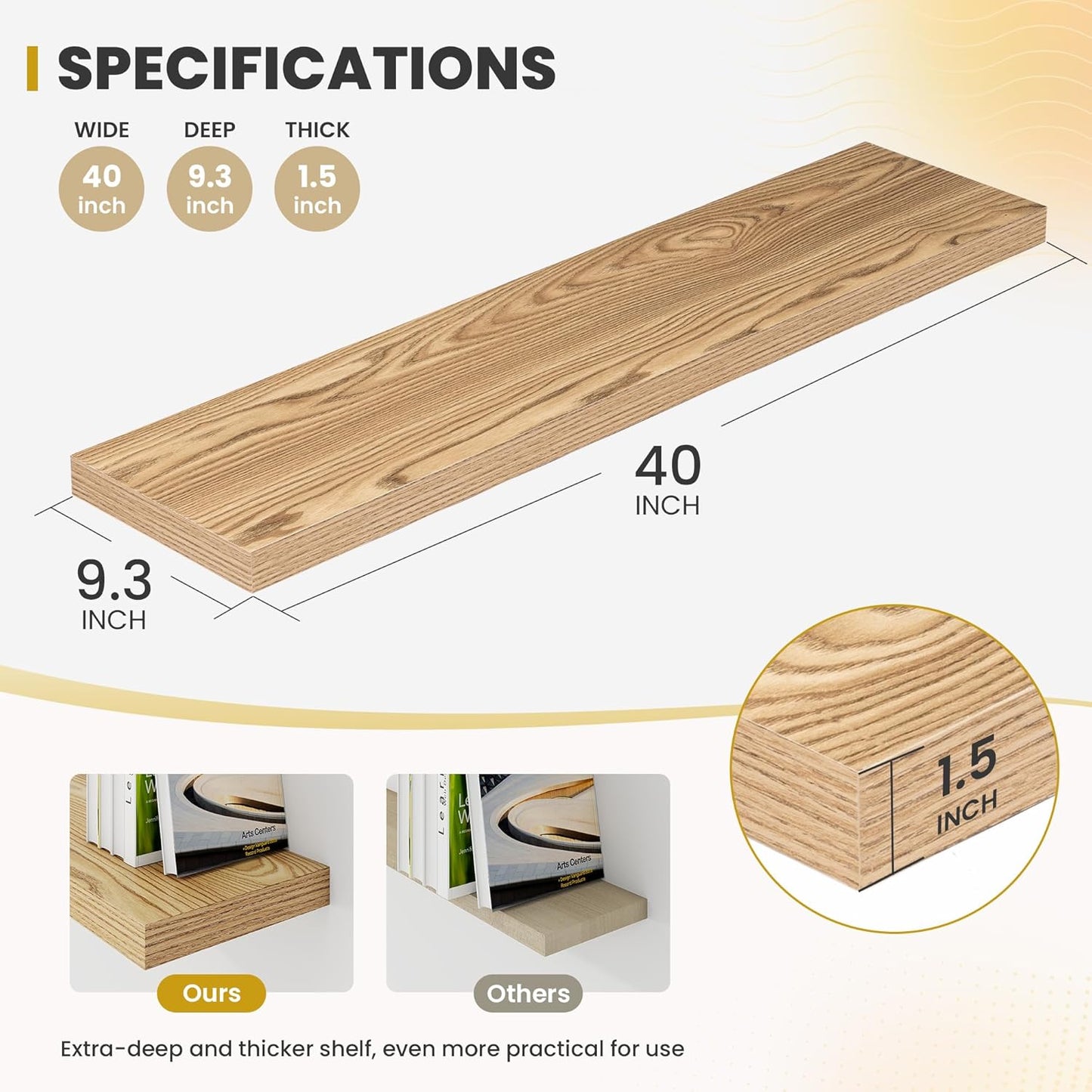 40 Inch Floating Shelves, 9.3" Deep Floating Shelf Wall Mounted, 40" Wall Shelves, Rustic Deep Bookshelf, Large Display Shelves & Storage Shelves for Bedroom, Living Room, Light Brown, Set of 2