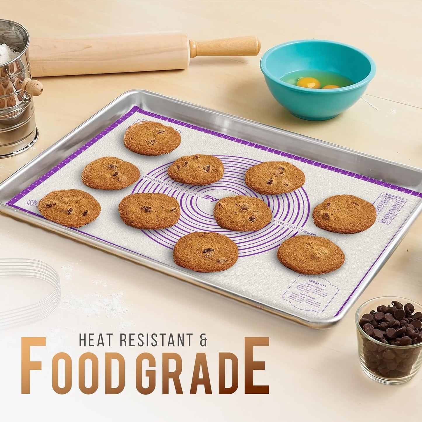36 * 24 inches Purple, Non-Slip Silicone Baking Sheets - Baking Mat with 0.7mm Thickness - Non-Stick Pastry & Cookie Mat for Kitchen Counter for Rolling Out Dough with Measurements.