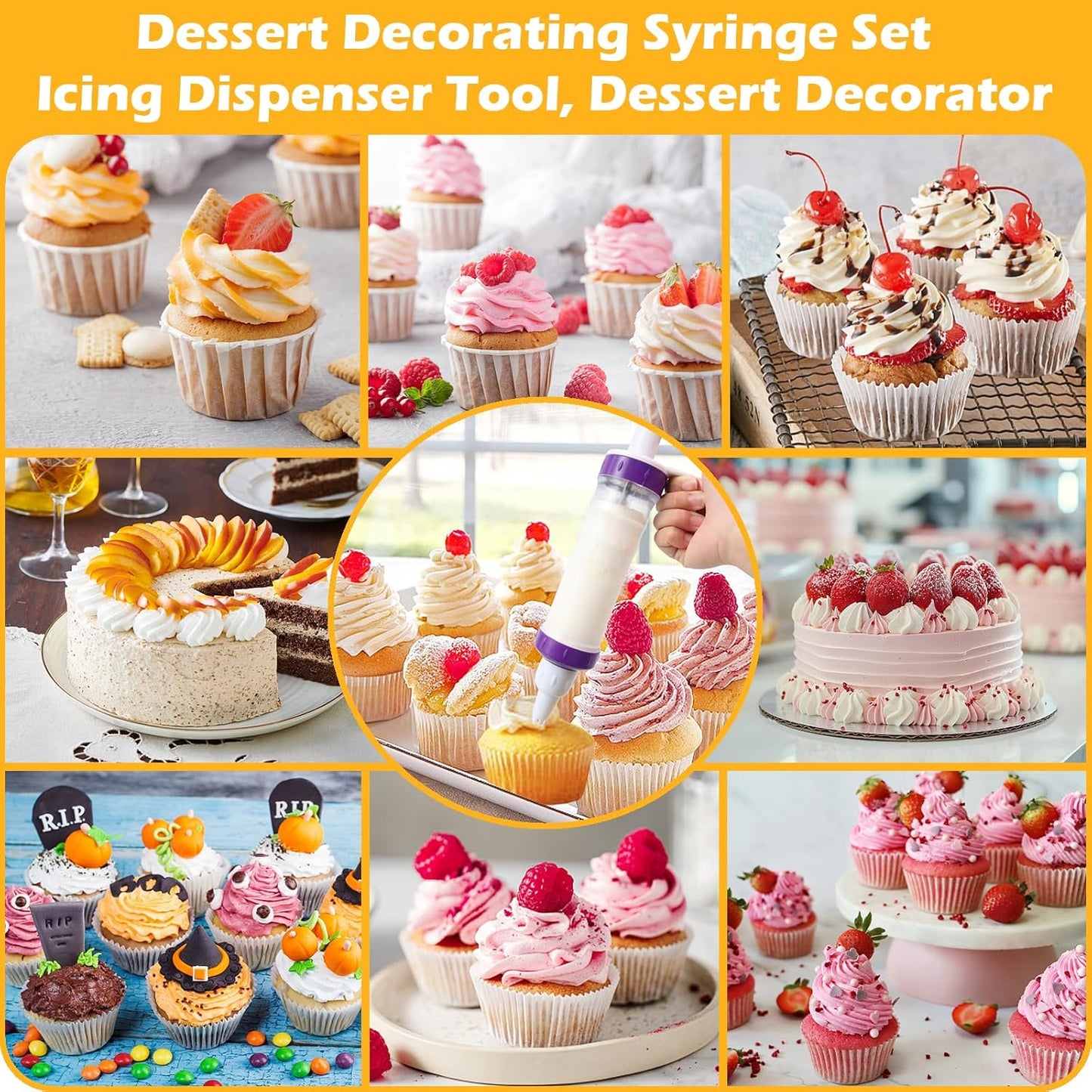 Dessert Decorating Syringe Set, Icing Piping Kit, Icing Dispenser Cupcake Filling Injector, Cake Decorating Kit with 5 Piping Tips Nozzles, Cupcake Decorating Kit