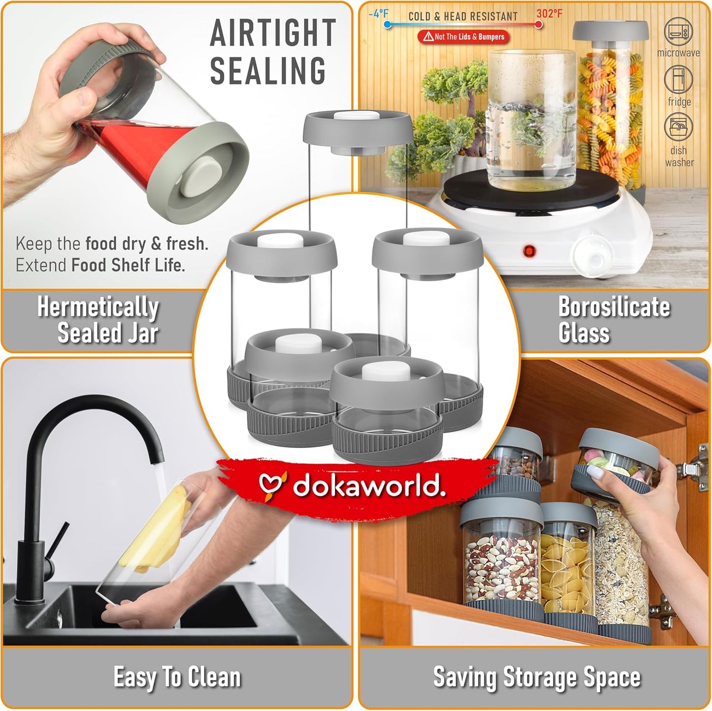 Glass Canisters Set - Kitchen Leakproof Seal Food Storage Jars - Coffee Bean Container - Pack of 5 Glass Canisters With Vacuum Airtight Lids for Cereal, Pet Treats, Nuts, Candy