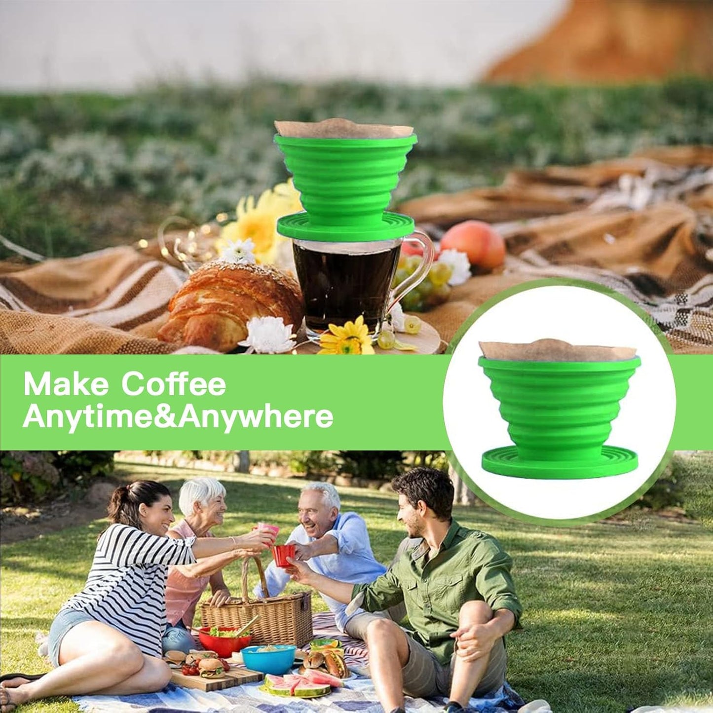 Collapsible Pour Over Coffee Dripper Set - Silicone Reusable Cone Filter Holders with 100Pcs Paper Filters - For Home, Camping, Travel, Office (1, Green)