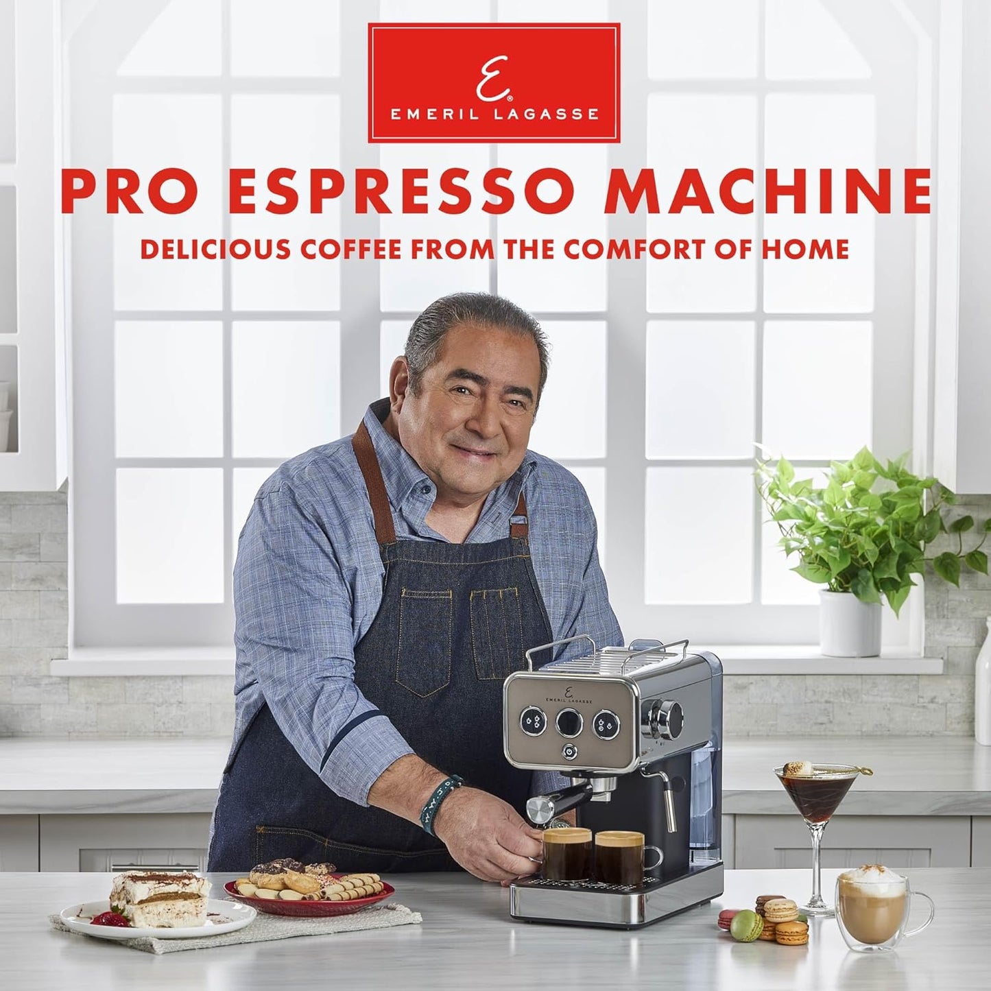 Emeril Lagasse Semi-Automatic 15-Bar Pro Espresso Machine with Milk Frother Steam Wand, Stainless Steel Finish, Double Shot, 37oz Removable Water Tank, Auto Shut-Off, 1350W