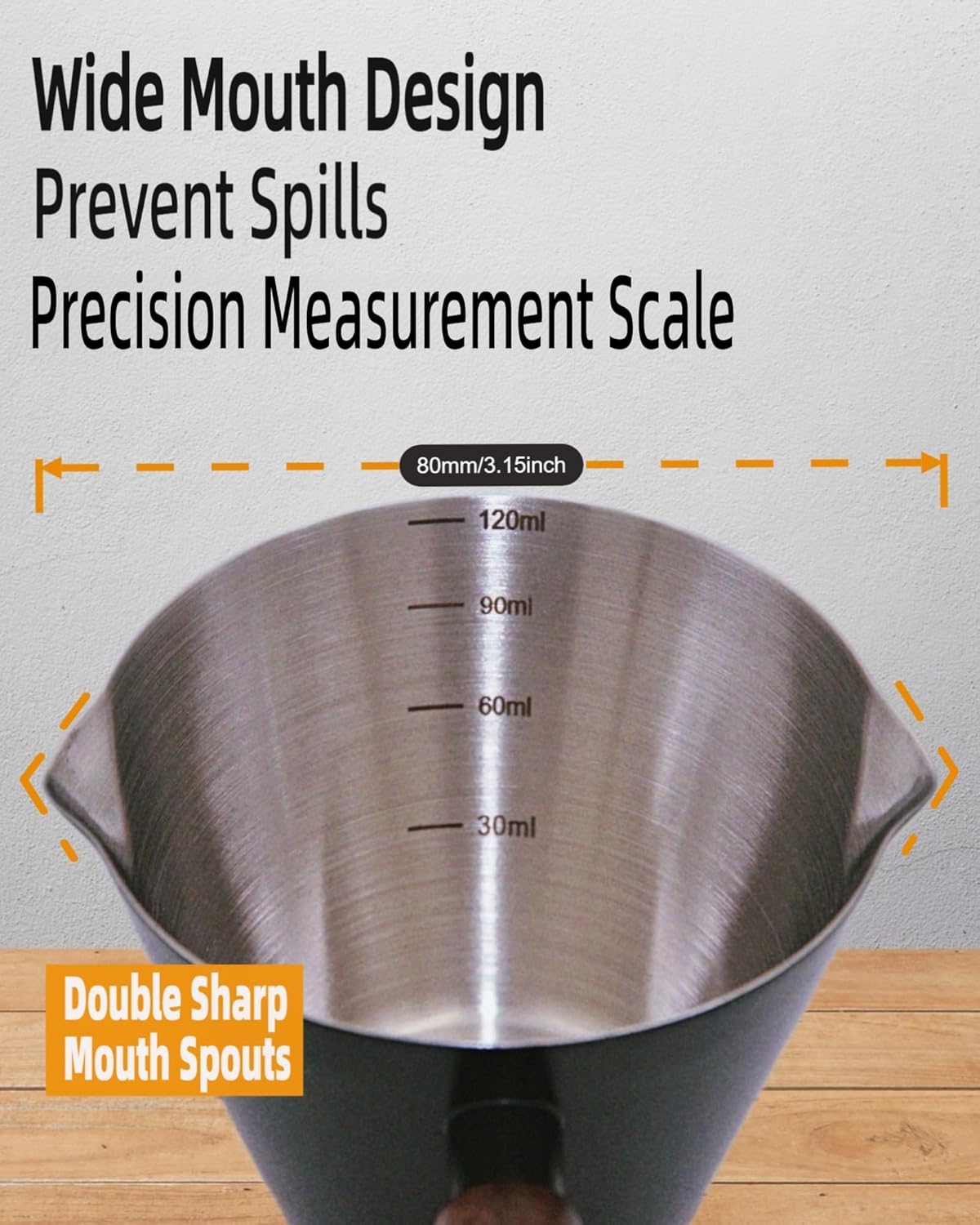 Stainless Steel Espresso Cup - Espresso Shot Cup with Wooden Handle -Measuring Cup with Double Spouts - 4.1OZ/120ML, Black