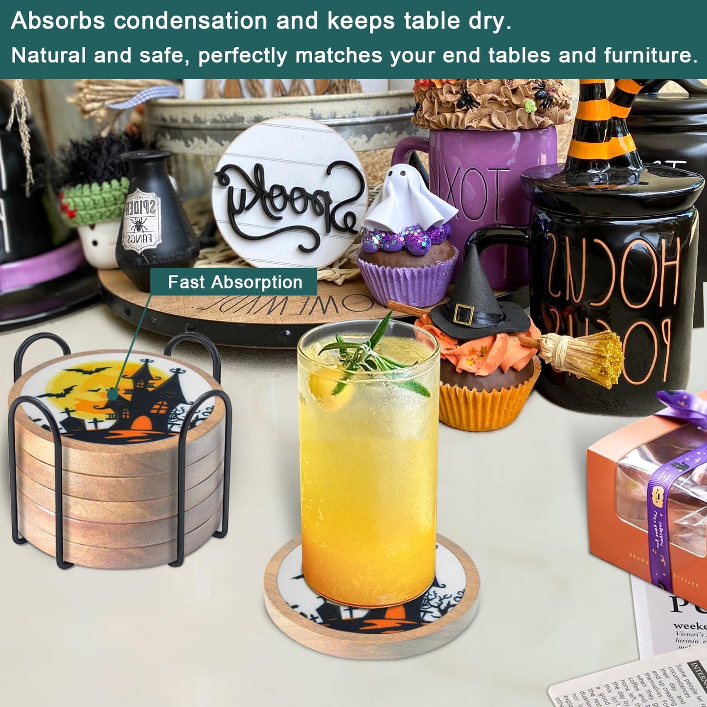 Halloween Coasters Set of 6, Unique Coaster, Minacun Absorbent Coasters with Holder Halloween Thanksgiving Themed Party Decoration 4.3 Inch