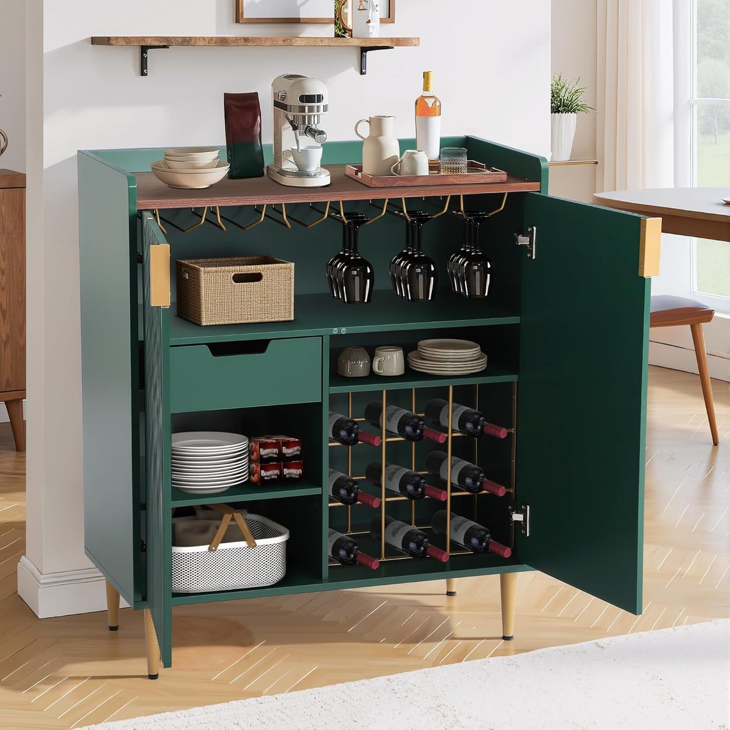 Wine Bar Cabinet Sideboard Buffet Cabinet with Wine Rack & Coffee Bar Station - Adjustable Shelves, Glass Holder and Storage Drawers for Kitchen, Dining Room, Living Room Green