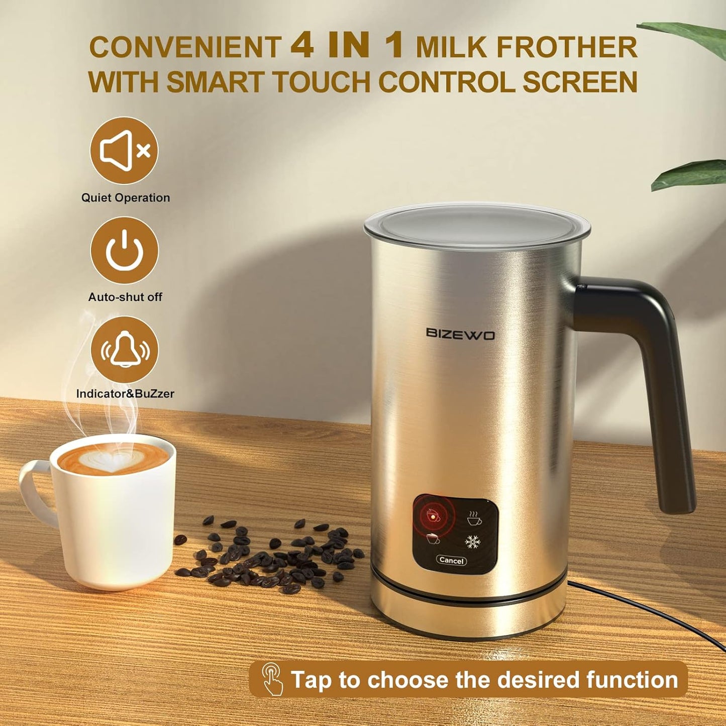BIZEWO Milk Frother Electric, Warm and Cold Milk Steamer, 4 IN 1 Automatic Milk Warmer Stainless Steel with Touch Screen for Coffee, Latte, Macchiato, Cappuccino, Hot Chocolate