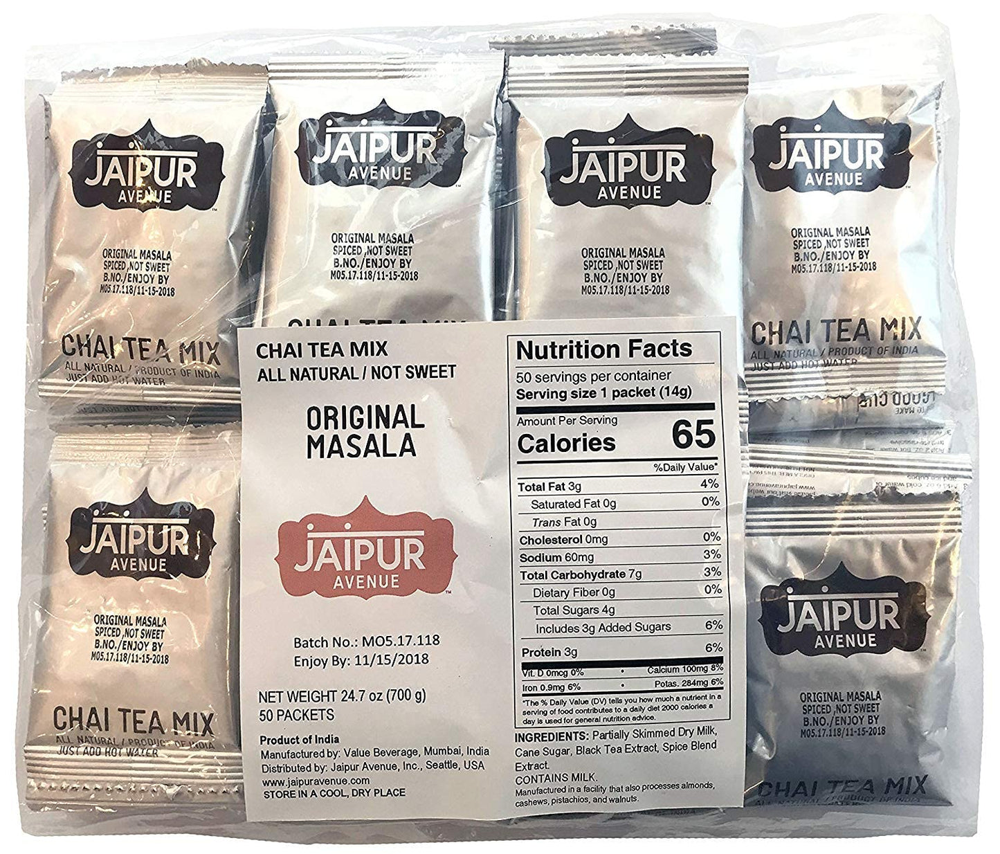 Jaipur Avenue Masala Chai Tea Mix - Spiced Not Sweet - All-Natural, Preservative-Free, Gluten-Free, and Authentic Masala Chai Tea Latte - 70% Less Sugar -(50-Count Bag)