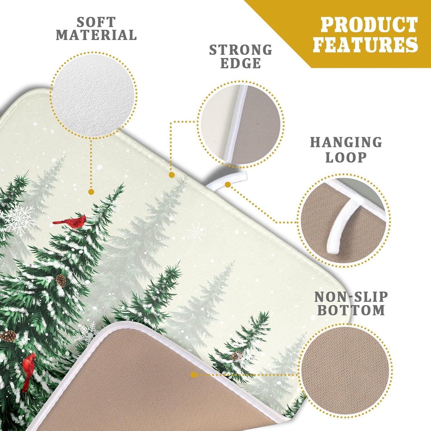 Winter Green Pine Tree Dish Drying Mat for Kitchen Counter,Red Bird Snowflake Drying Mat 16 x 18 Inch with High Absorbent Microfiber Drainer Mat for Coffee Bar