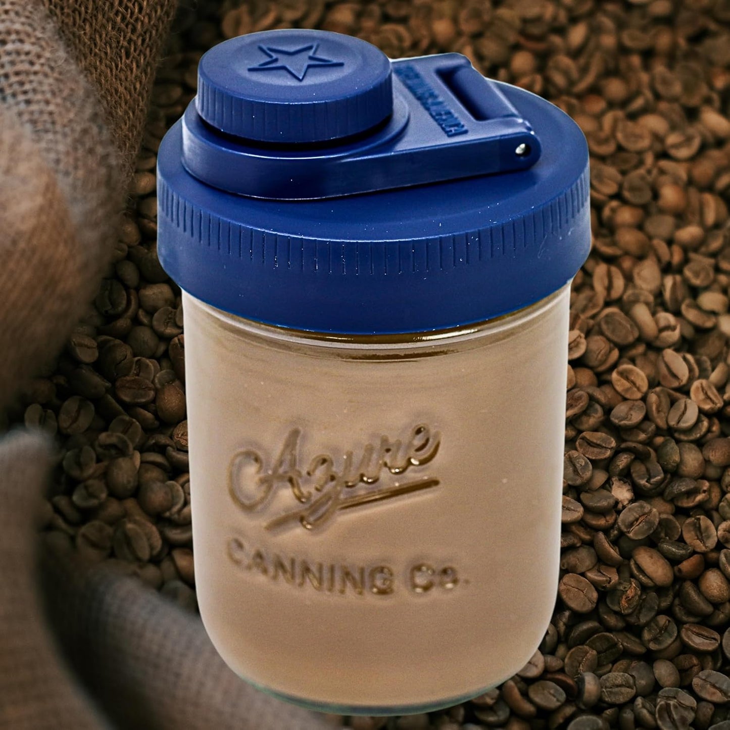 Brewing America Creamer Jar with Pouring Lid, 1 Pint (16 oz) Azure Mason Jar with Blue Wide Mouth Pour Lid for Milk, Sugar, and Cream, 1-Pack (Old Glory Blue)