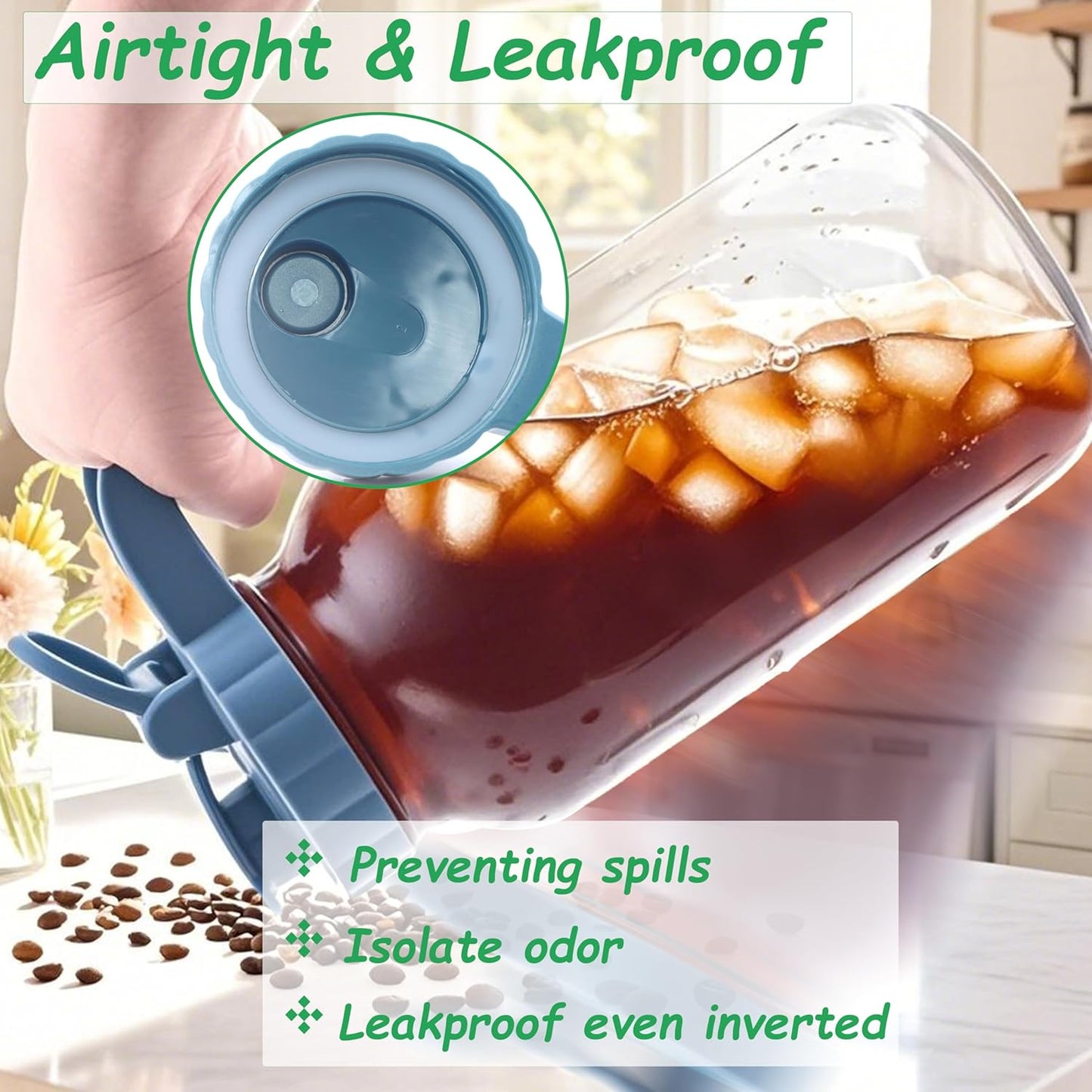 Mason Jar Pitcher With Stainless Steel Filter 64 OZ 2 Pack Wide Mouth Cold Brew Coffee Maker 2 Quart Glass water pitcher with lid Half Gallon Cold hot Tea maker For Lemonade Milk Juice Refrigerator