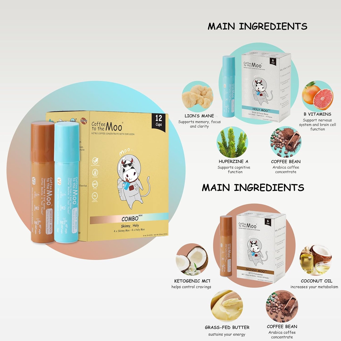 Coffee to the Moo Nitro Cold Brew Coffee Concentrate Combo Pack - KETO & Mushroom Coffee | Instant Iced or Hot | Pocket/Purse Sized, Travel & Gifts Friendly | Makes 8 Cups