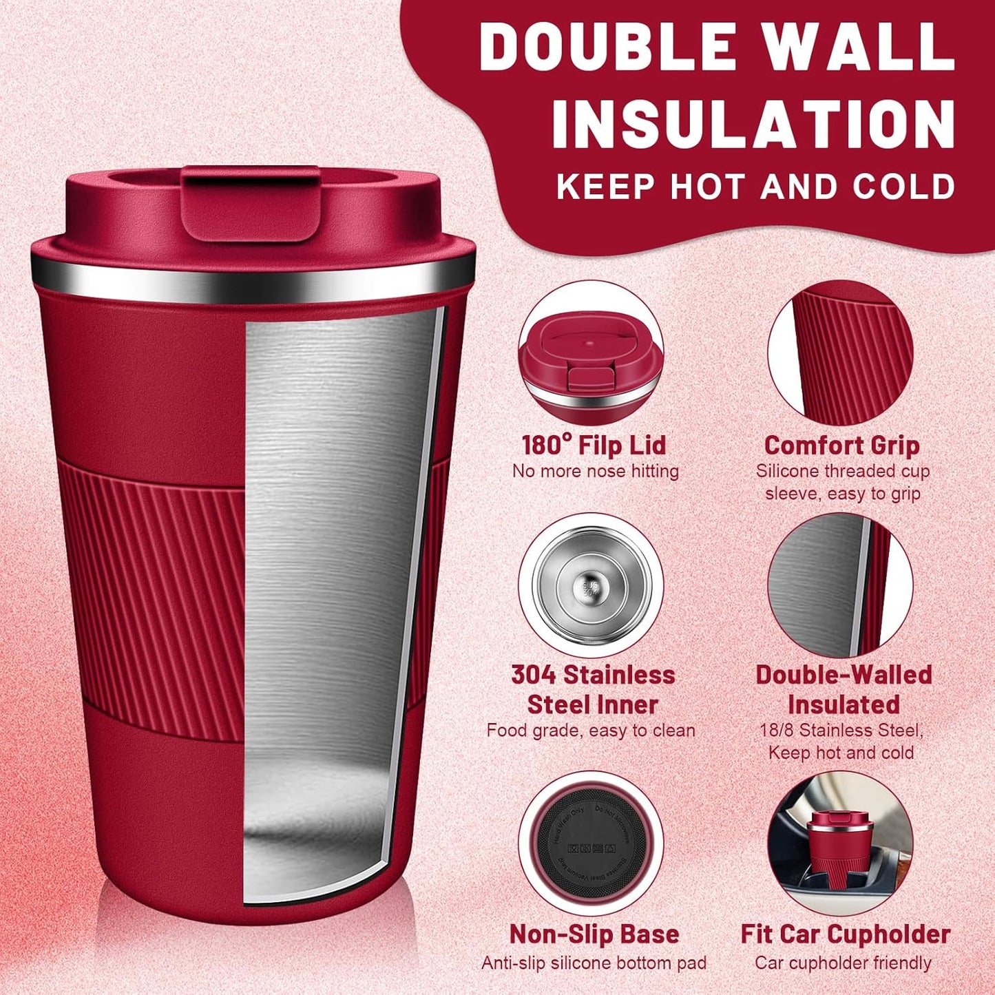 Insulated Coffee Tumblers with Flip Lid 12oz / 17oz, Stainless Steel Travel Coffee Mug Leak Proof, Vacuum Insulated Coffee Mug Reusable Cup, Keeps Cold and Hot for Coffee Tea