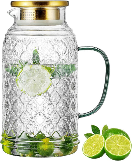 Glass Pitcher with Lid, 68 oz/2 Liter Vintage Water Pitcher, Clear Borosilicate Glass Water Carafe for Cold Brew, Coffee, Lemonade, Iced Tea, Juice, Beverage, Heat Resistant Water Glass Jug