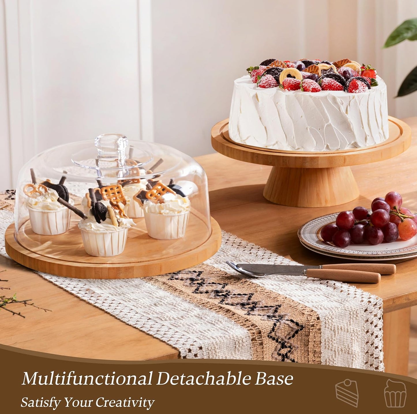 HBlife Cake Stand with Lid (11.4"), Multifunctional Cake Stand with Acrylic Dome, Bamboo 6-in-1 Cake Plate Display Stand with Cover for Baking Gifts, Birthday Kitchen Parties, Weddings