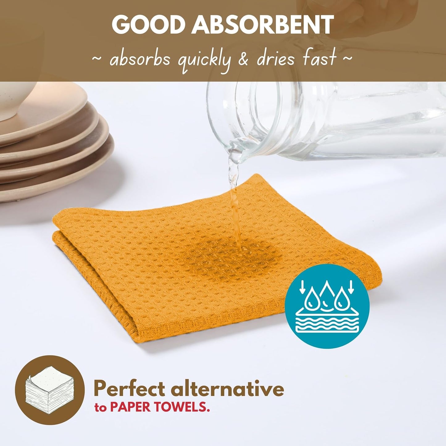 Native Fab Waffle 12 Pack Dish Cloths - 100% Cotton, Absorbent, Quick Drying, Washable Towels for Cleaning, Cooking - Great for Home, Restaurants, Bars, Multi Purpose Use - 12"x12" - Mustard Yellow