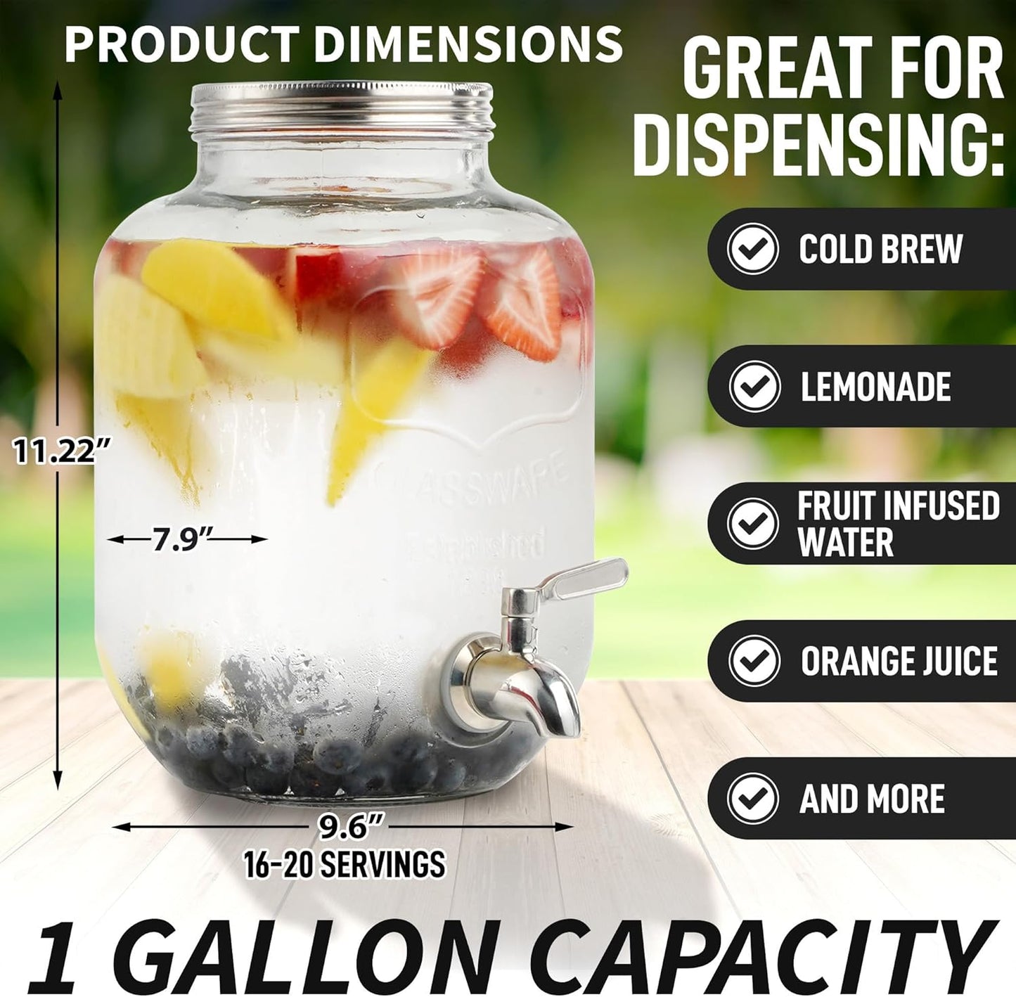 Zulay Kitchen 1 Gallon Cold Brew Coffee Maker – Thick Glass Pitcher with Stainless Steel Filter, Lid & Spout – Large Mason Jar Container Dispenser - Iced Coffee & Sun Tea Brewer for Fridge – Silver