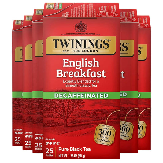 Twinings Decaffeinated English Breakfast Black Tea Individually Wrapped Bags, 25 Count (Pack of 6), Flavourful, Robust, Enjoy Hot or Iced, 150 Teabags